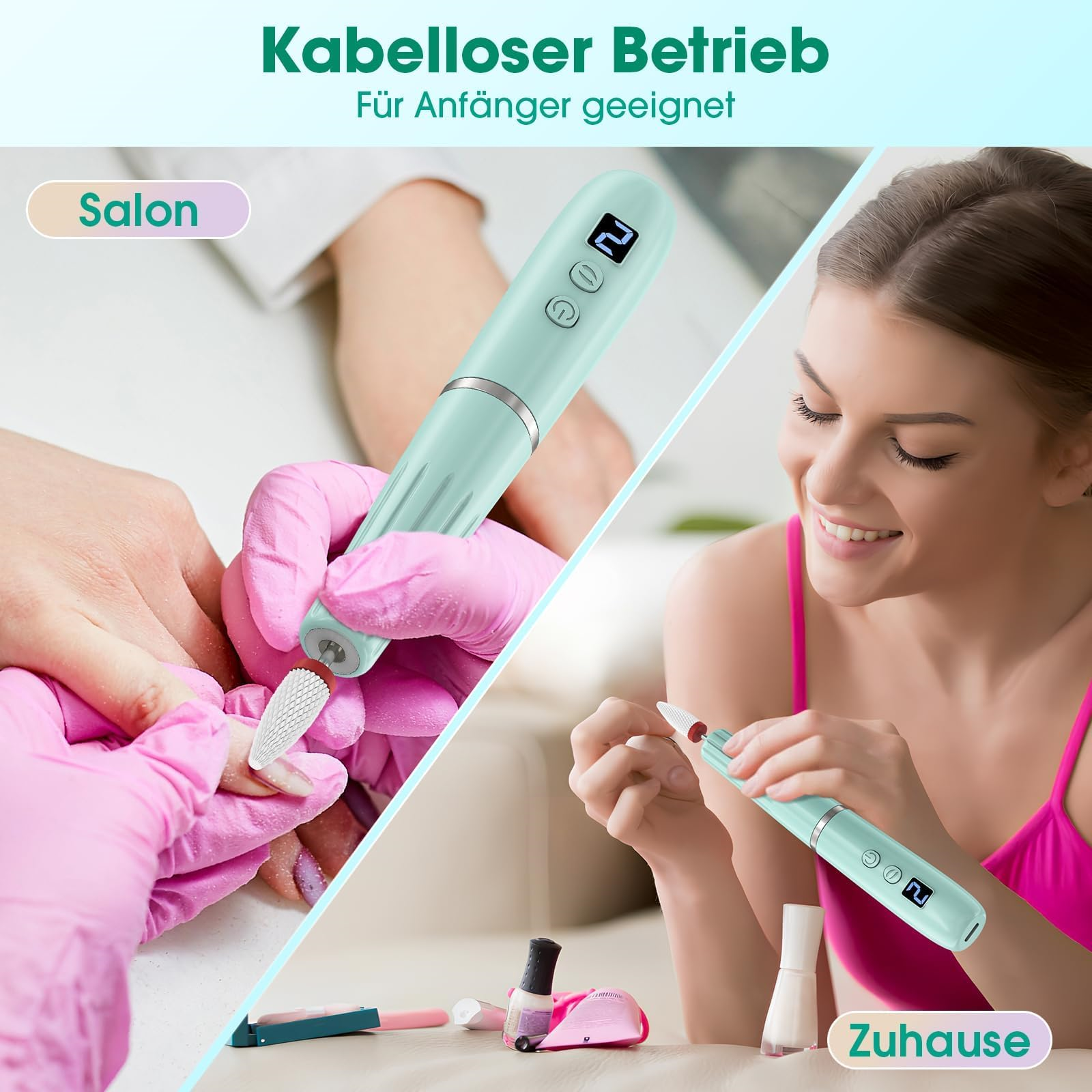 Nagelbohrer, mintgrün, in Gebrauch. Nägel einer Frau werden gemacht, Salon- und Heim-Einstellungen.