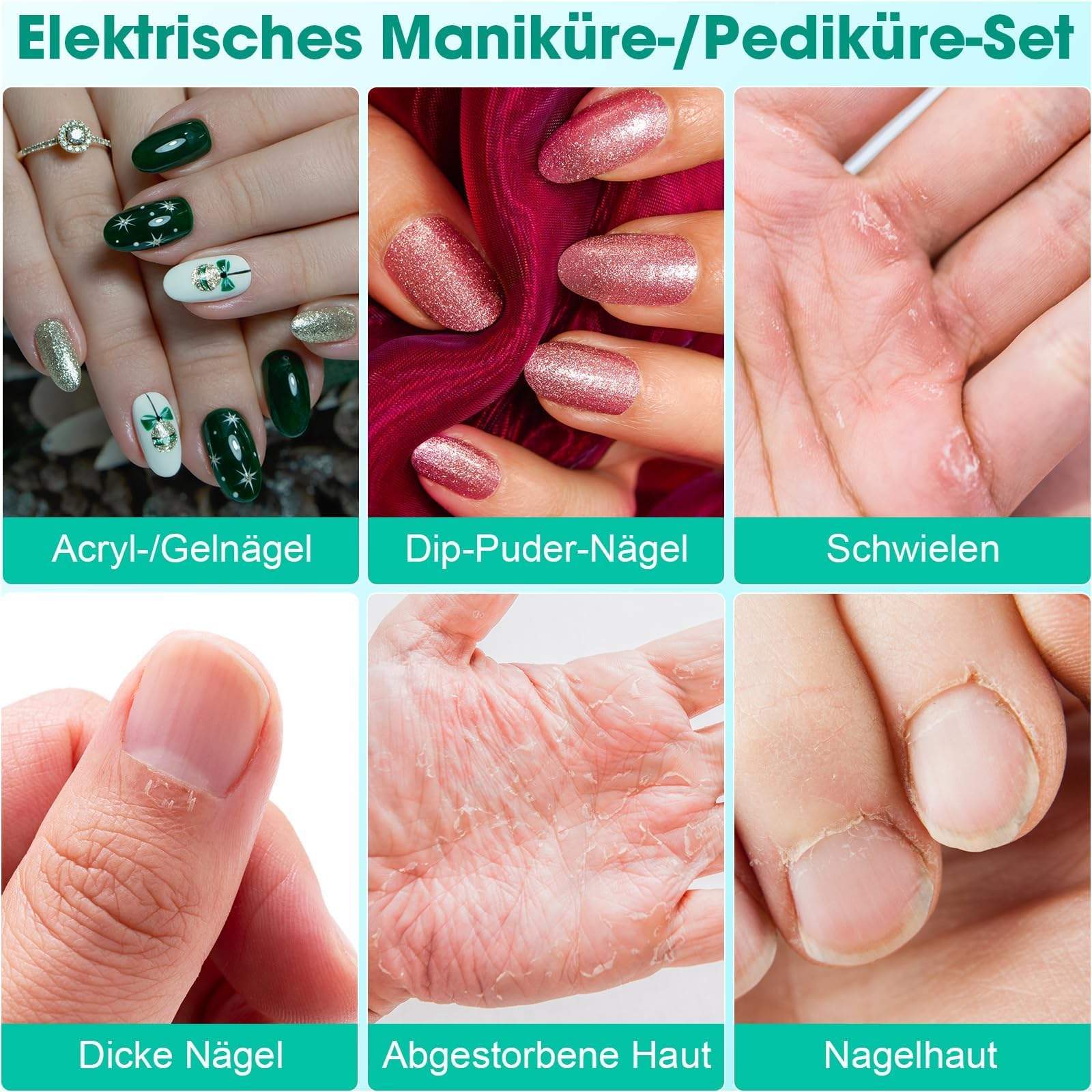 Nahaufnahmen von Manikürenägeln, einschließlich Acryl, Dippuder und Nagelzuständen.