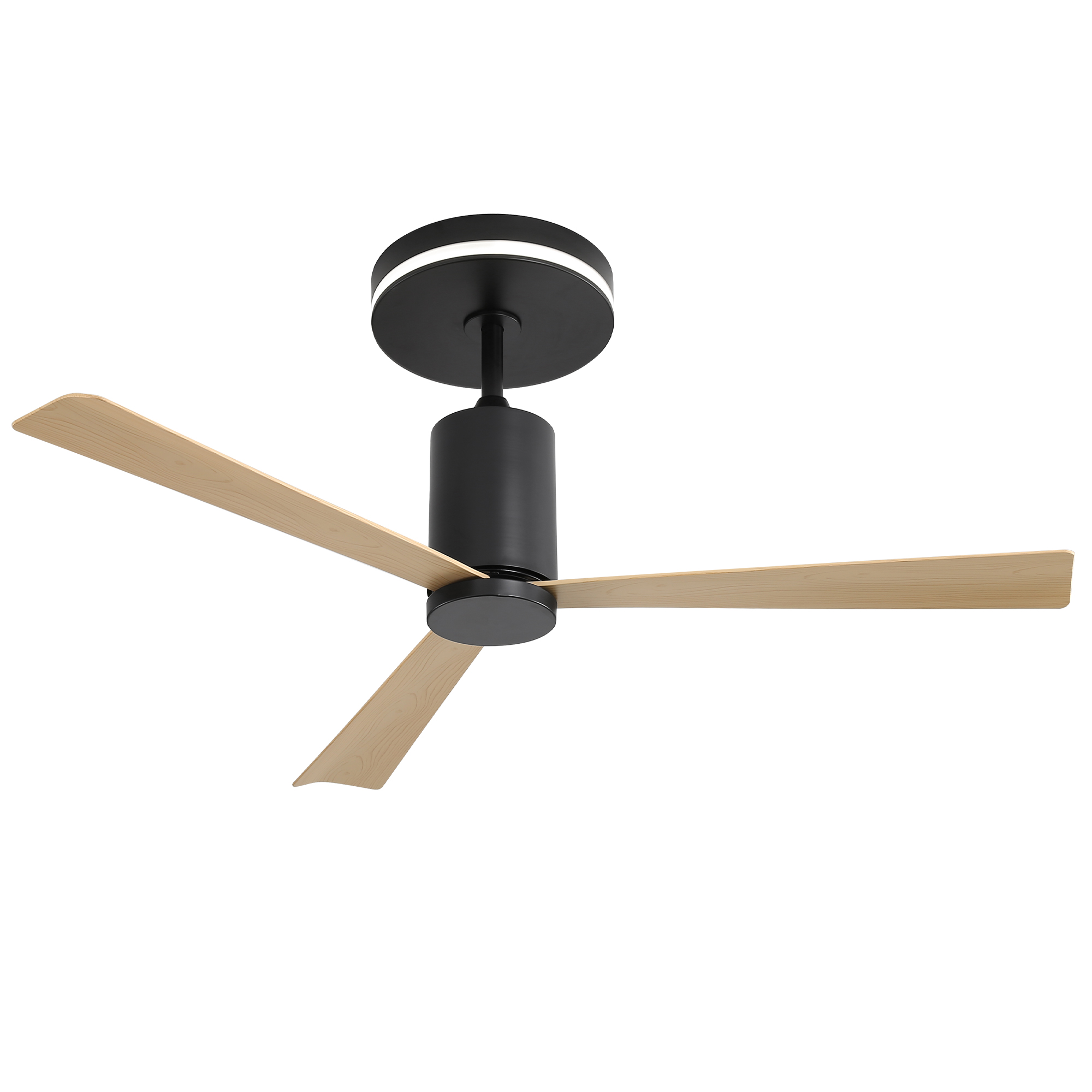 Moderner Deckenventilator mit schwarzem Motor, drei Holzflügeln und weißem Lichtring.