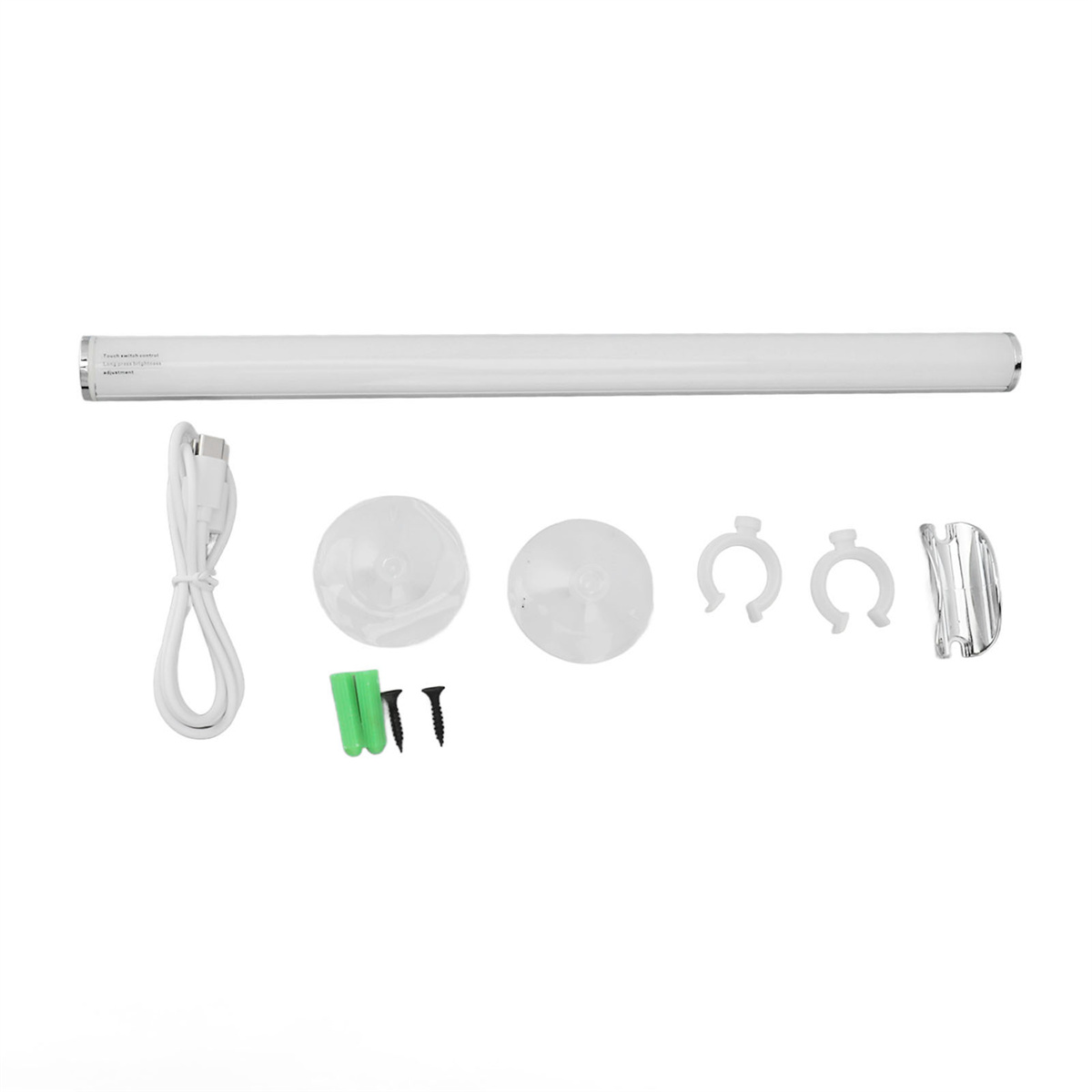 Weißes LED-Licht mit Zubehör: USB-Kabel, Saugnäpfe, Clips und Schrauben.