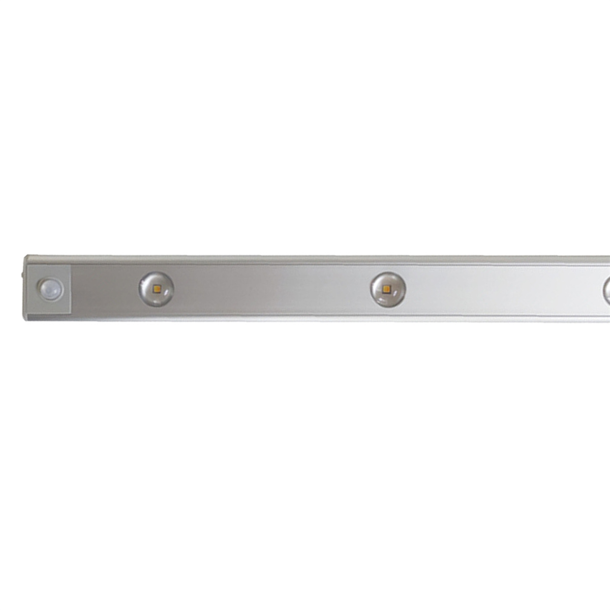 Eine silberne LED-Lichtleiste. Sie hat einen Bewegungssensor und drei kreisförmige Lichter.