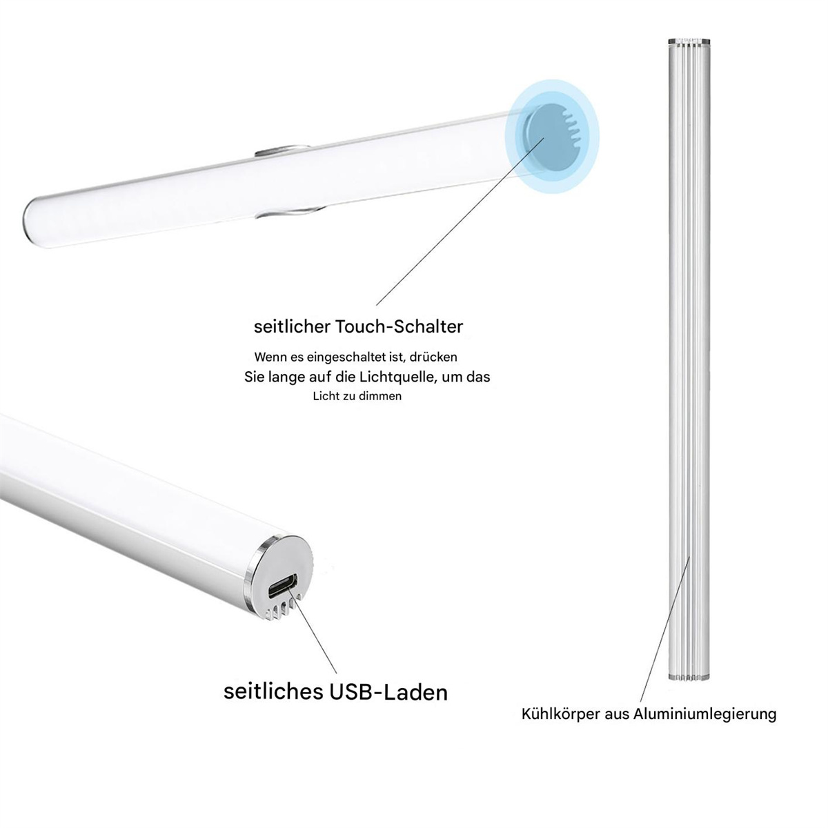 Eine weiße, lange LED-Leuchte mit seitlicher USB-Lade- und seitlichem Berührungsschalter, mit Details.
