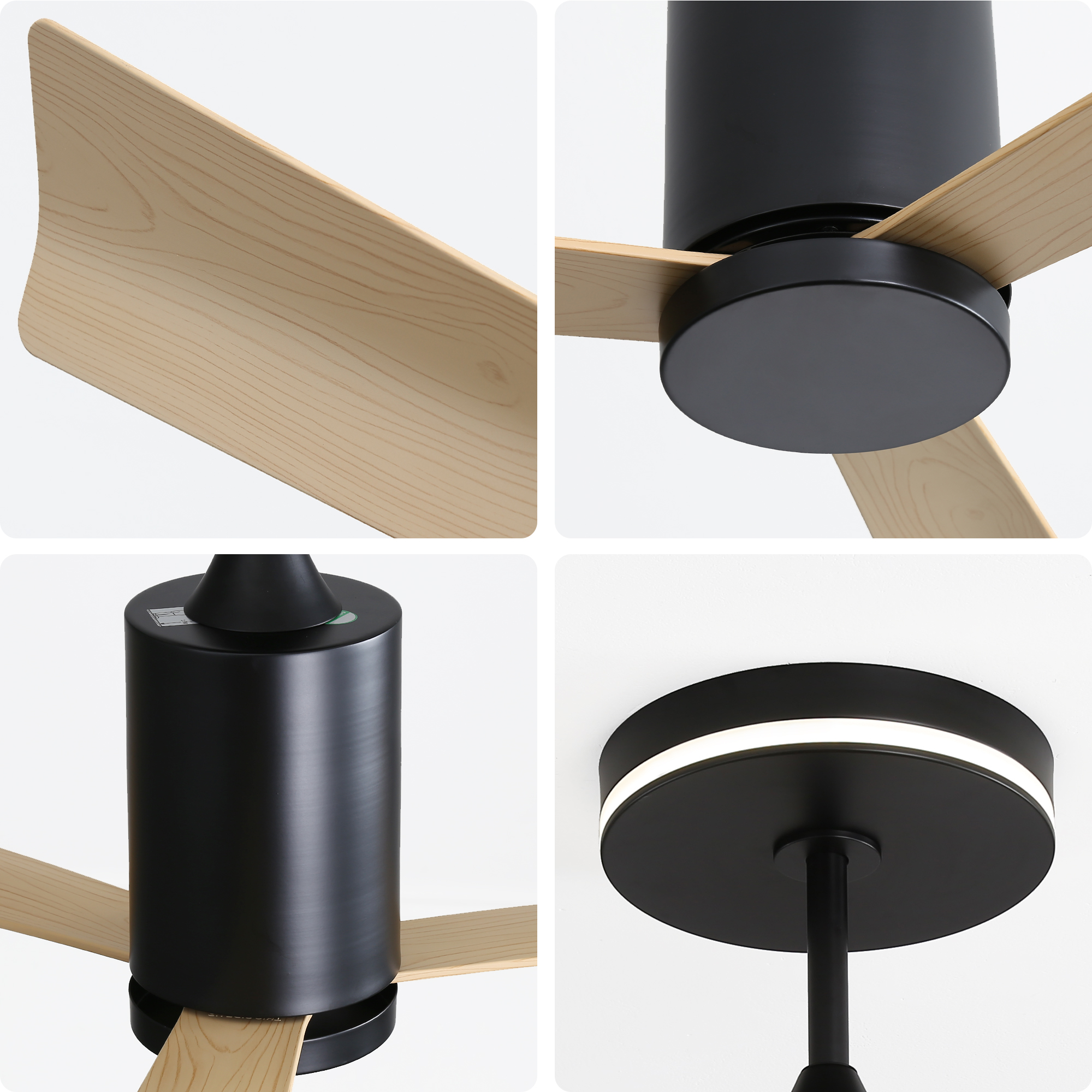 Nahaufnahme eines Deckenventilators mit hellen Holzflügeln, schwarzem Motor und Details.