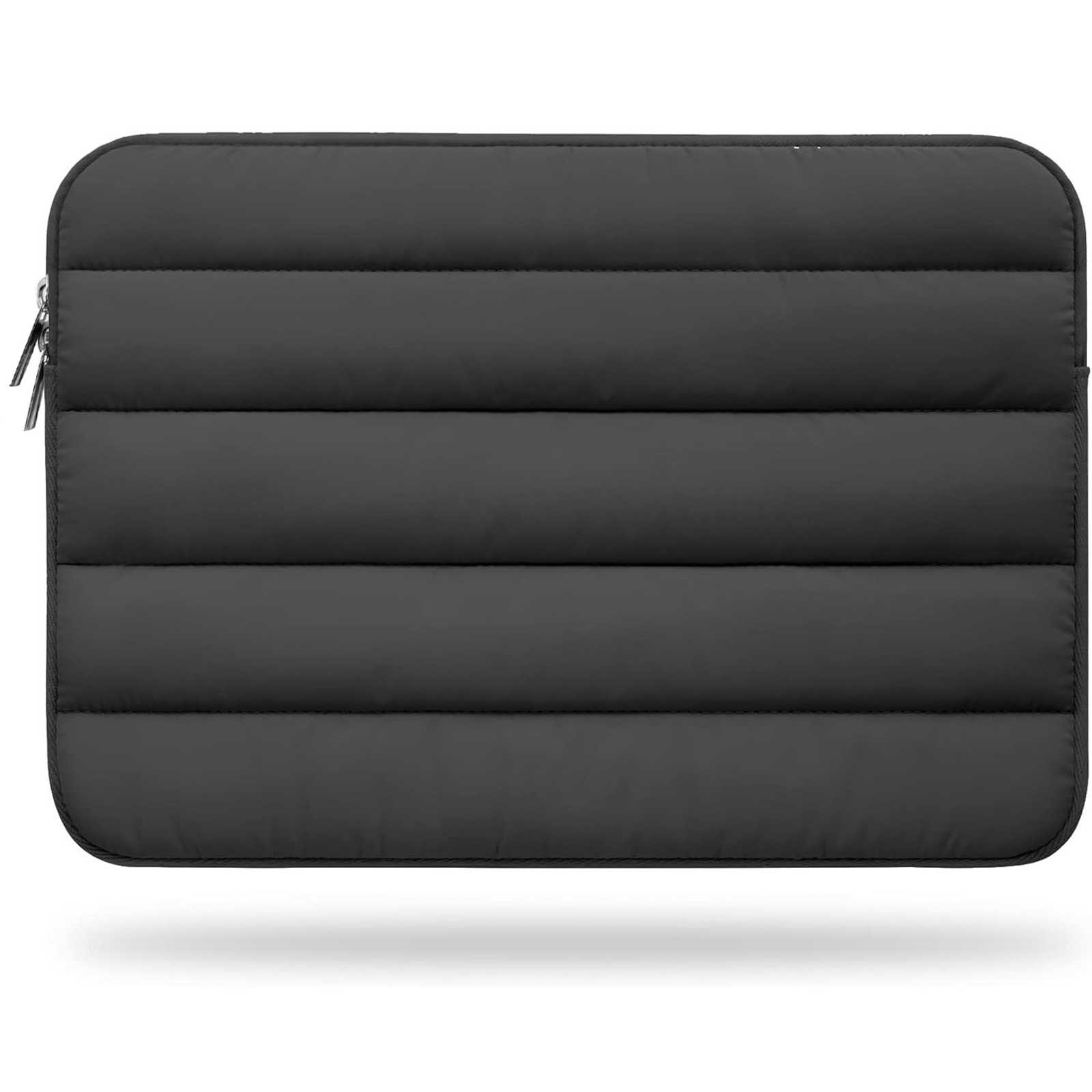 Schwarze, gepolsterte Laptoptasche mit Reißverschluss.