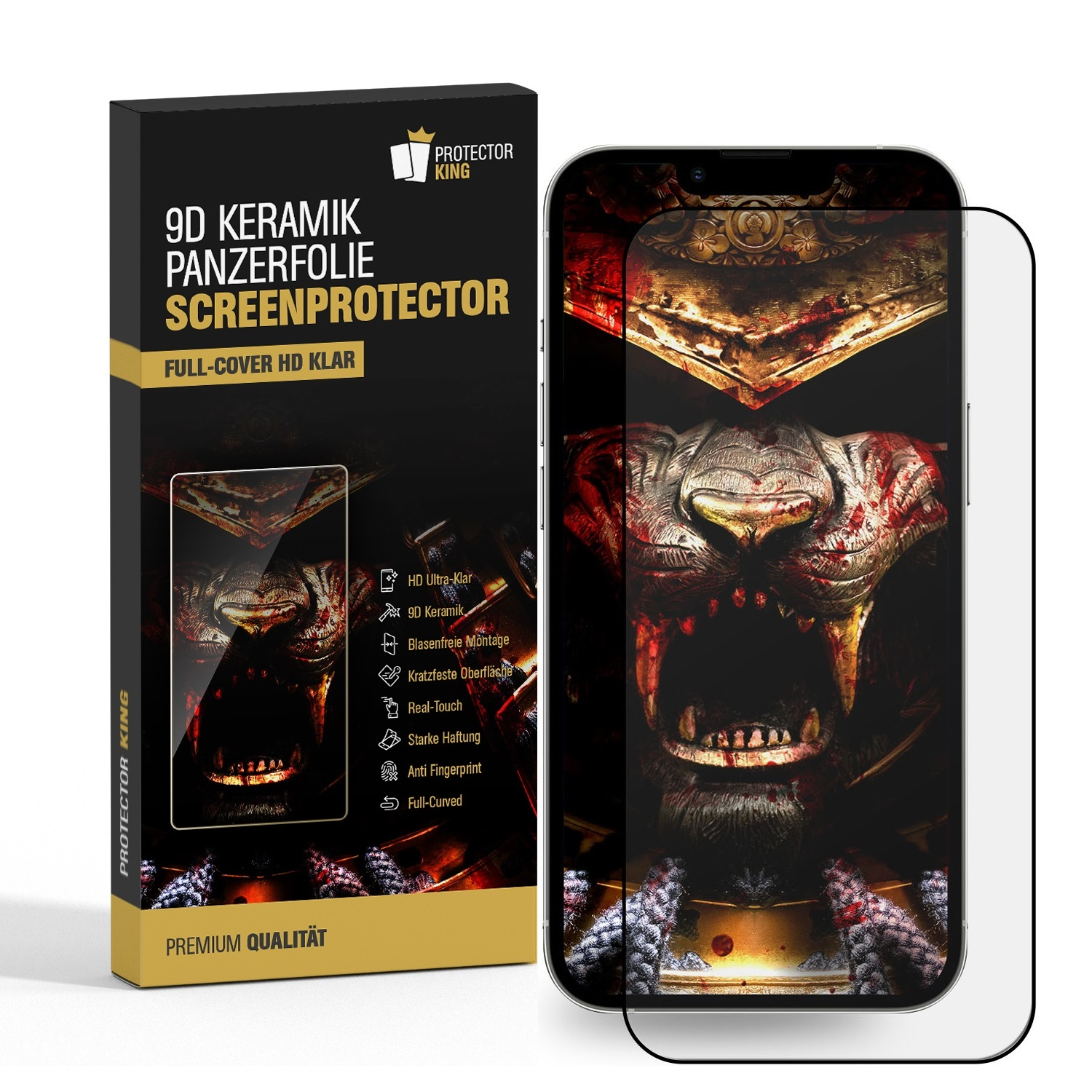 Displayschutzfolienbox und Telefon mit angebrachter Displayschutzfolie, die ein detailliertes Bild zeigt.