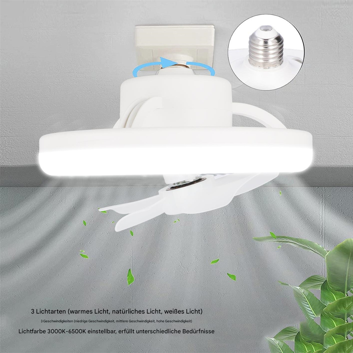 Weißer Deckenventilator mit Licht, Text und grüne Blätter.