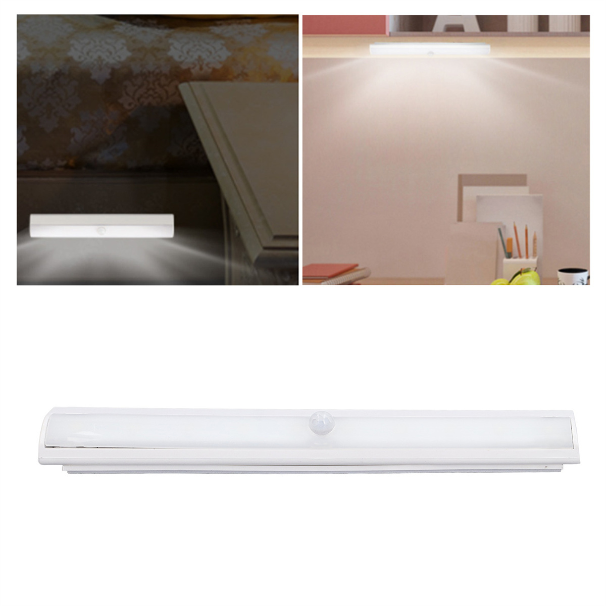 Ein weißer LED-Lichtbalken mit Bewegungssensor befindet sich unter einem Bett und auf einem Schreibtisch.