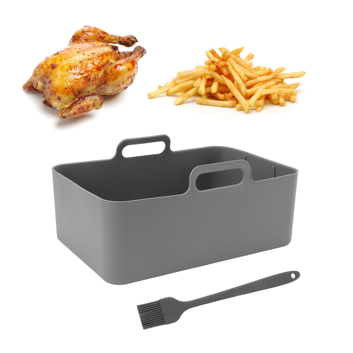 Ein Brathähnchen, Pommes Frites, ein grauer Silikonkorb und ein Pinsel auf weißem Hintergrund.