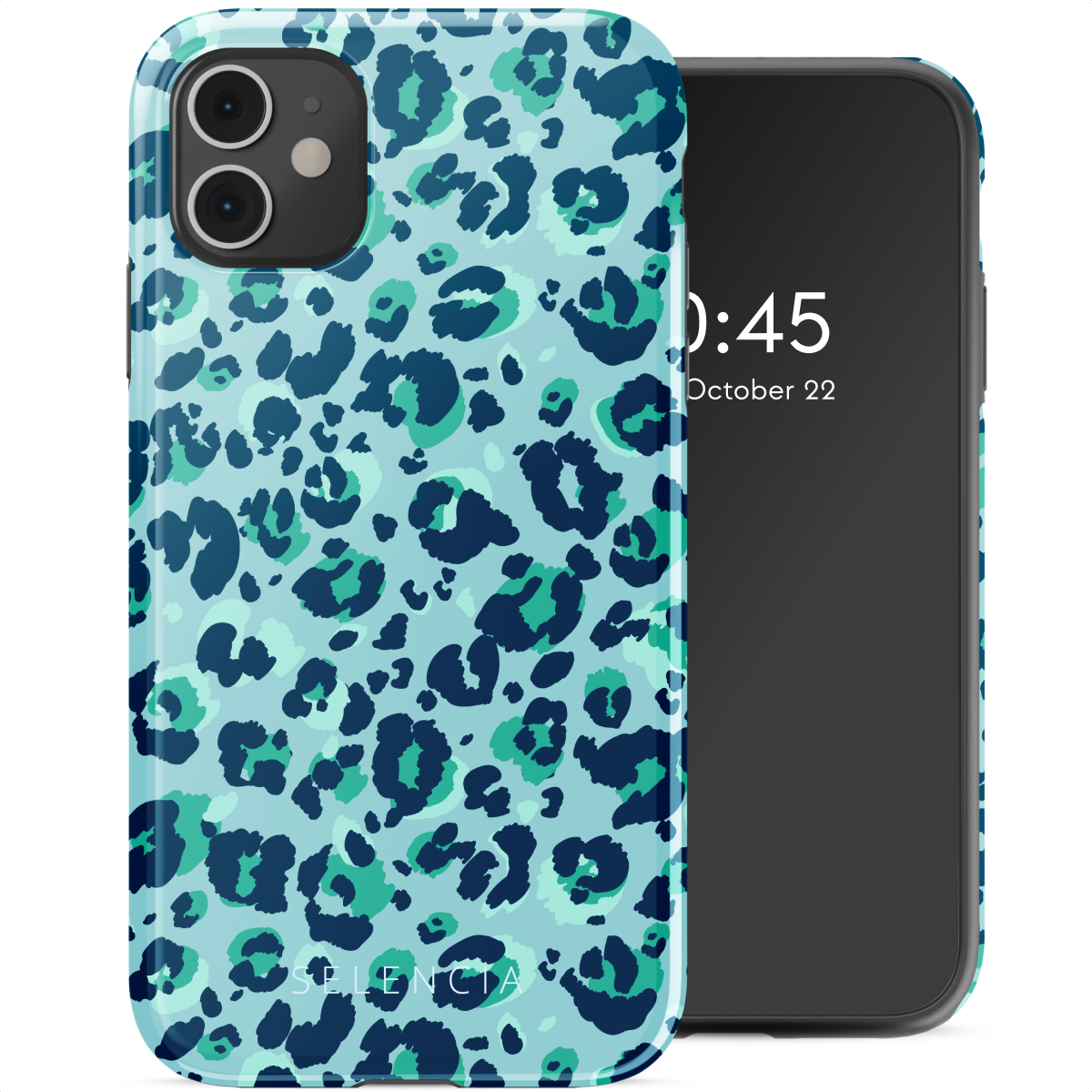 Telefoon met een hoesje met luipaardprint. Het scherm staat aan. Witte achtergrond.