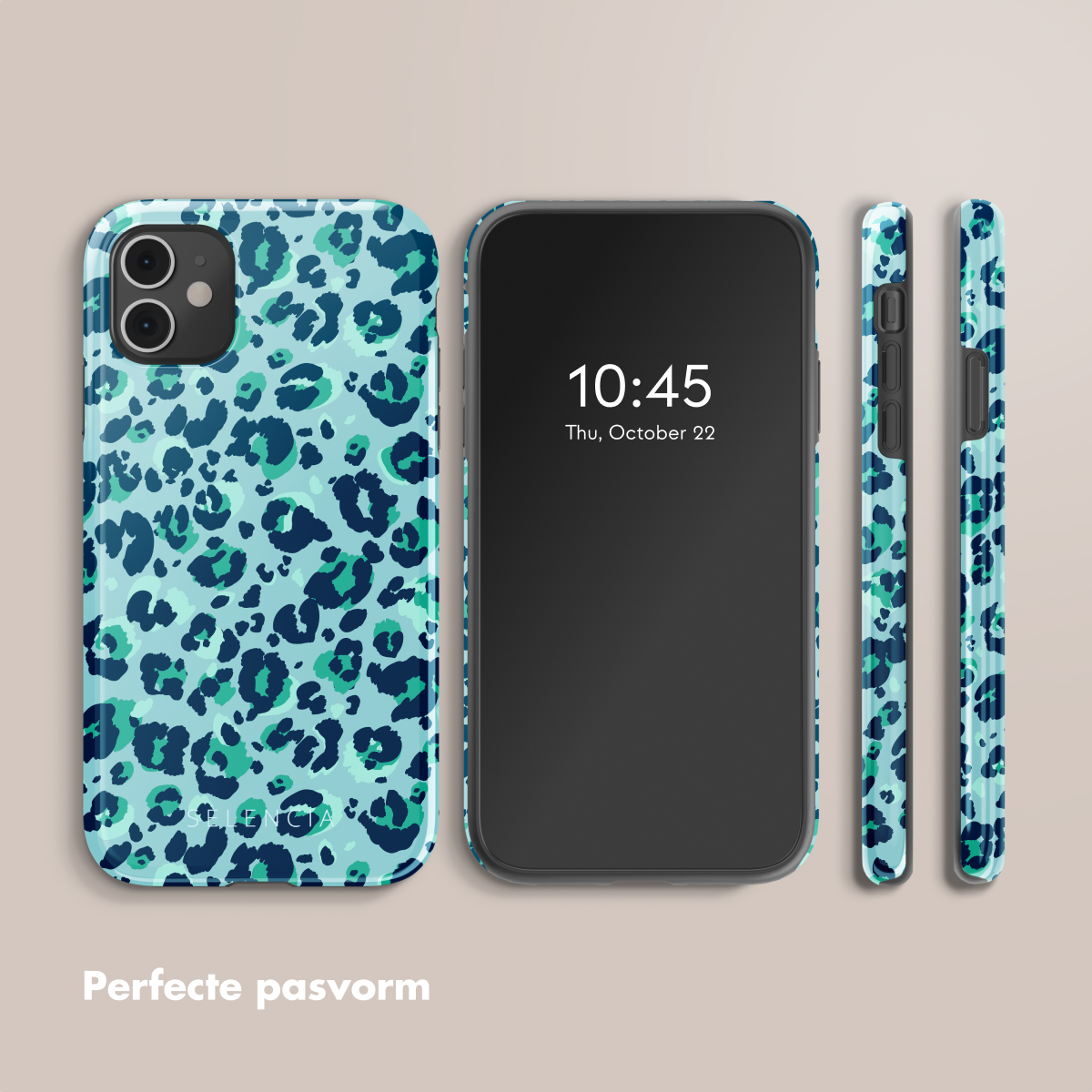 Telefoonhoesje met luipaardprint, met telefoon en zijkanten van de hoes.