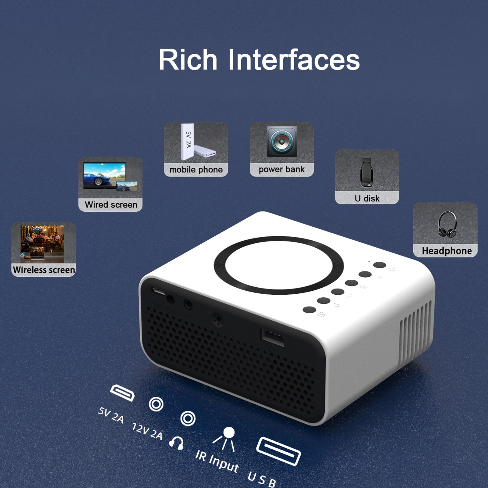 Ein weißer Projektor mit verschiedenen Schnittstellen-Icons, darunter Handy, Powerbank und U-Disk, auf blauem Untergrund.