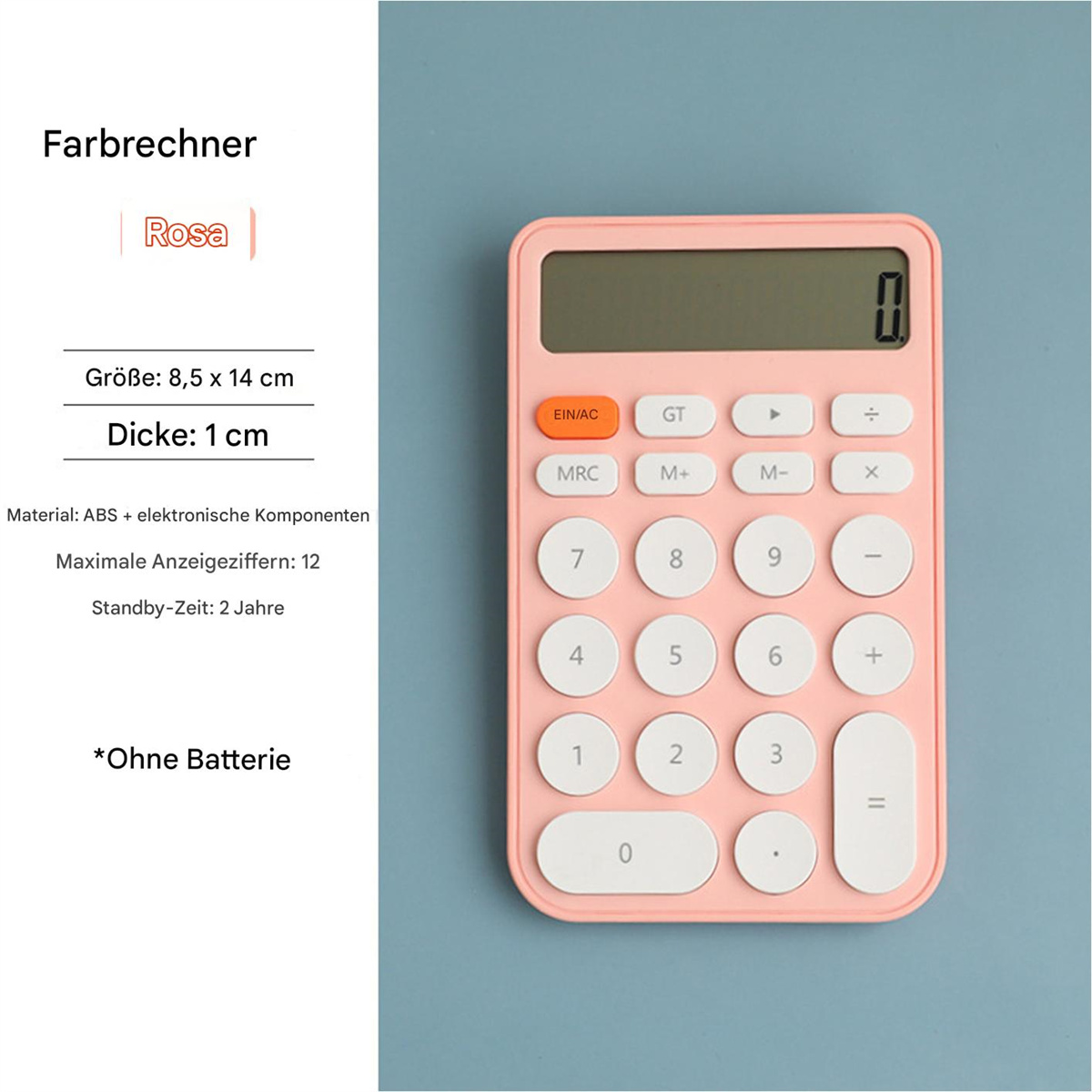 Rosa Taschenrechner mit Maßen und Text. Grauer Hintergrund.