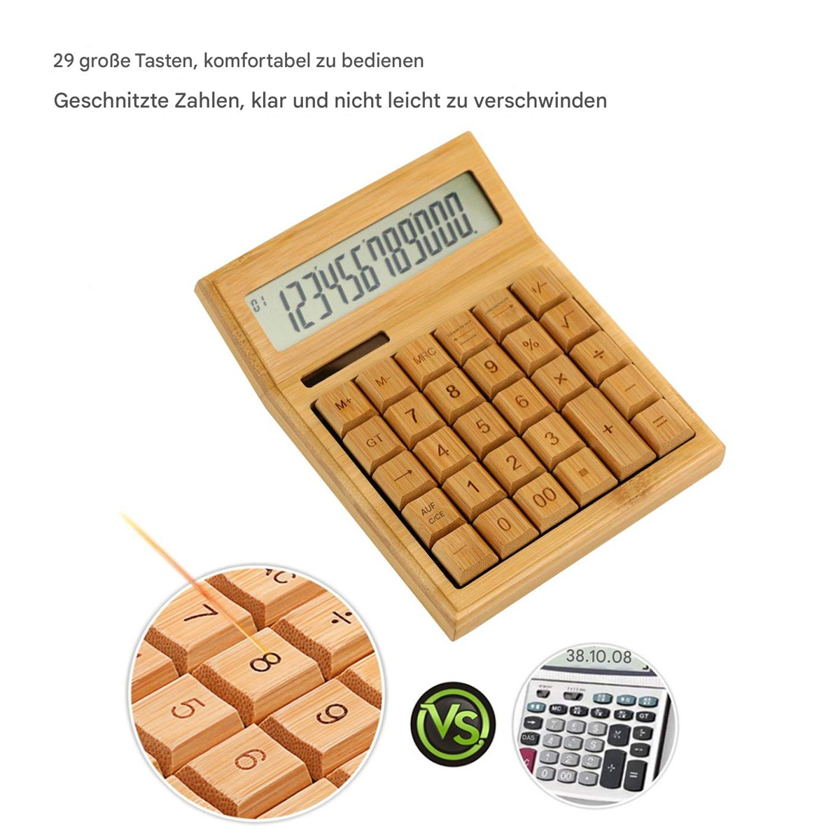 Ein Holzrechner mit großen Tasten, mit Nahaufnahme der Tasten und einem Rechner daneben.