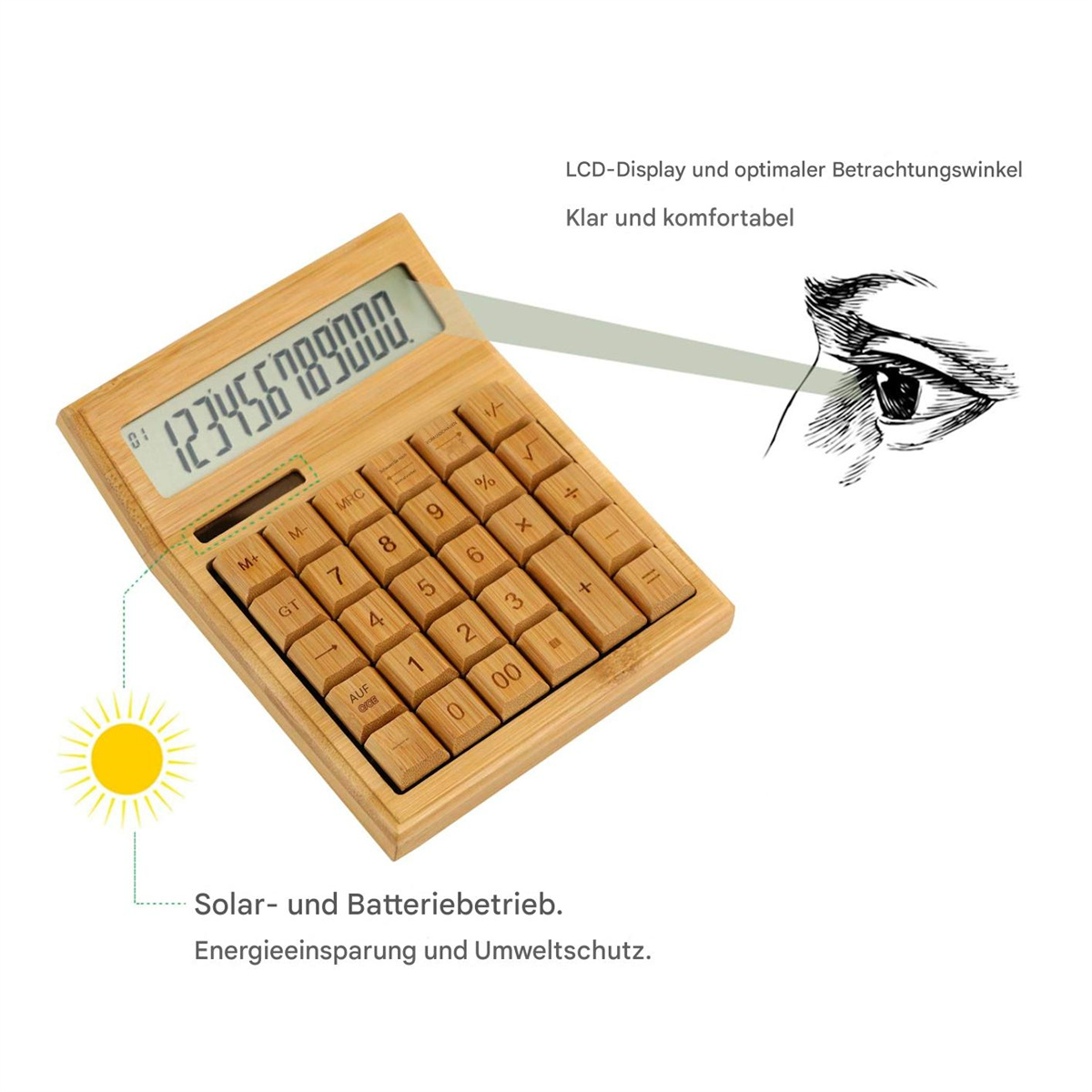 Solarbetriebener Holzrechner mit LCD-Bildschirm. Verfügt über Tasten mit Zahlen und mathematischen Symbolen.