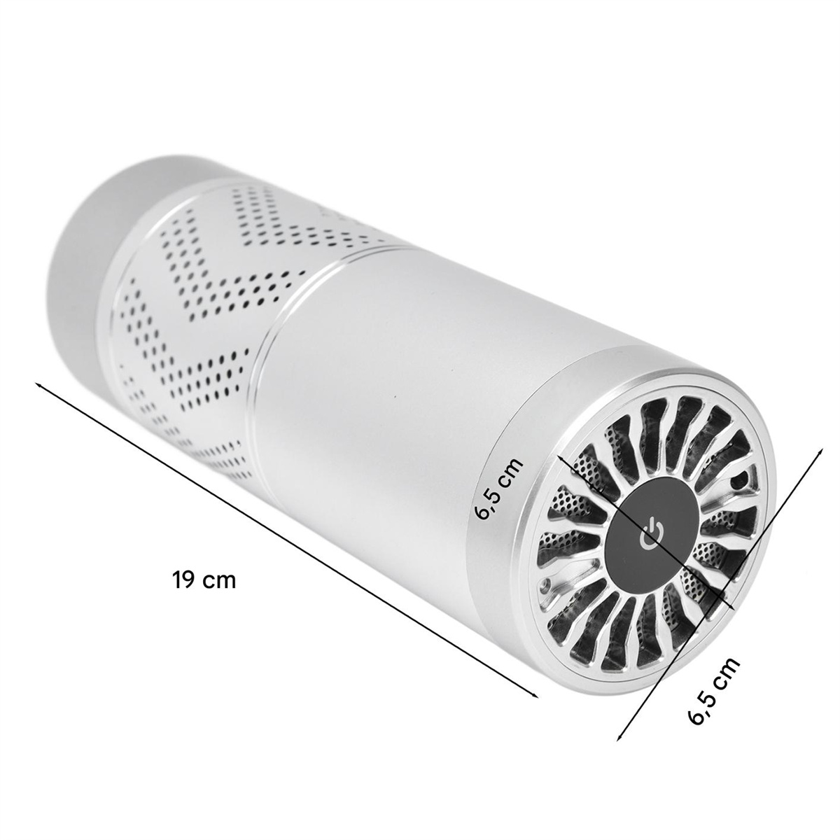 Ein silberner Luftreiniger, zylindrisch, mit perforiertem Design und in Zentimetern angegebenen Abmessungen.