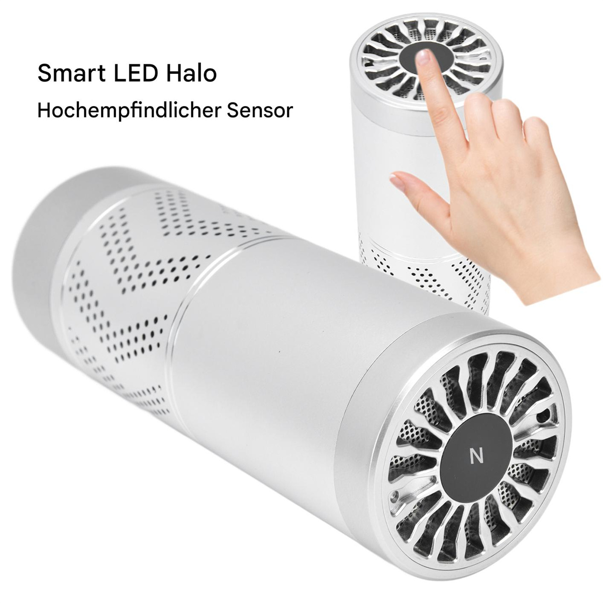 Silberner Luftreiniger mit einer Hand, die ihn berührt. Text: 'Smart LED Halo'.