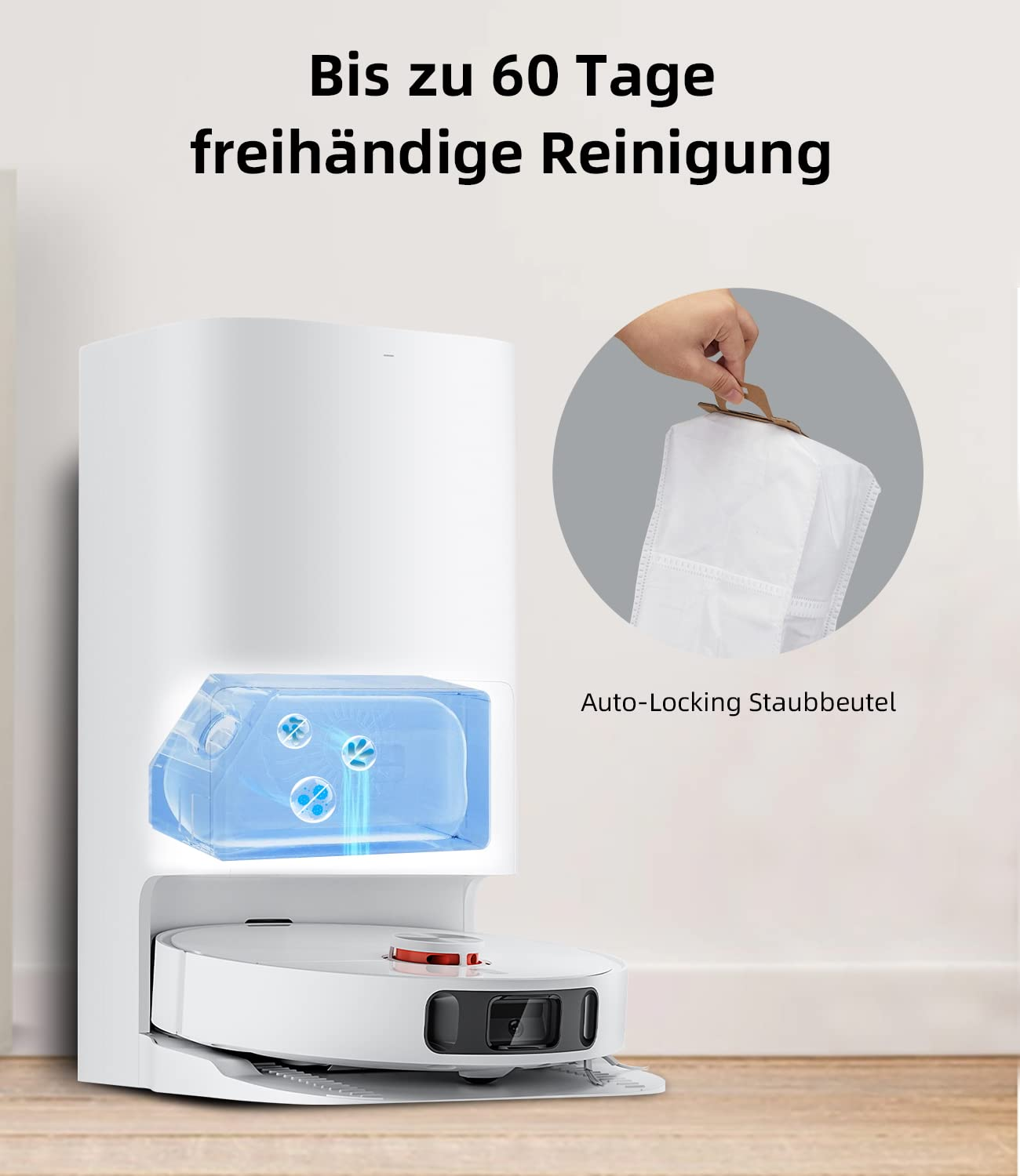 Ein weißer Roboterstaubsauger mit Staubbehälter und eine Hand, die einen Staubbeutel hält.