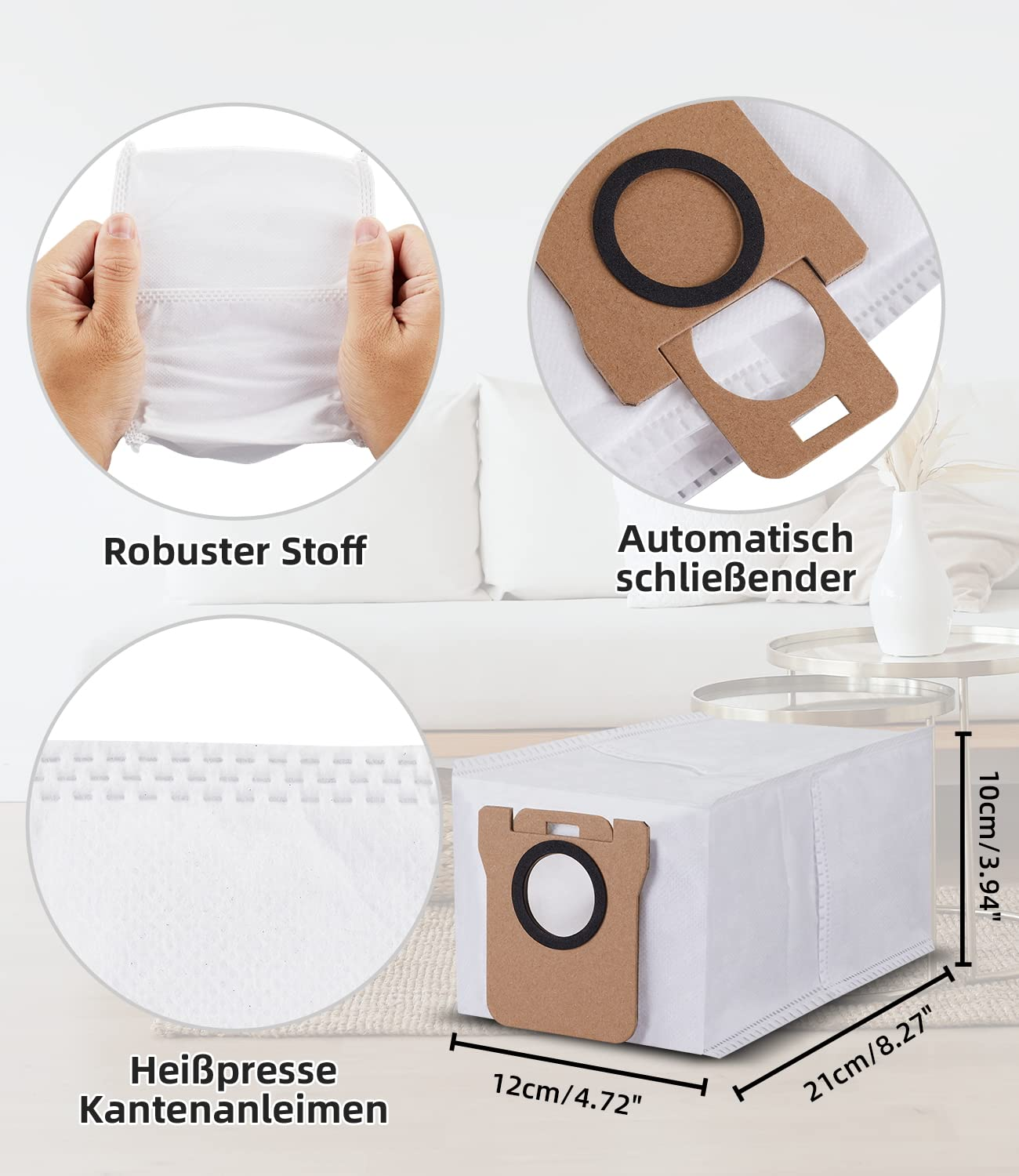 Weißer Staubsaugerbeutel mit Details. Maße gezeigt. Text: robuster Stoff und automatischer Verschluss.
