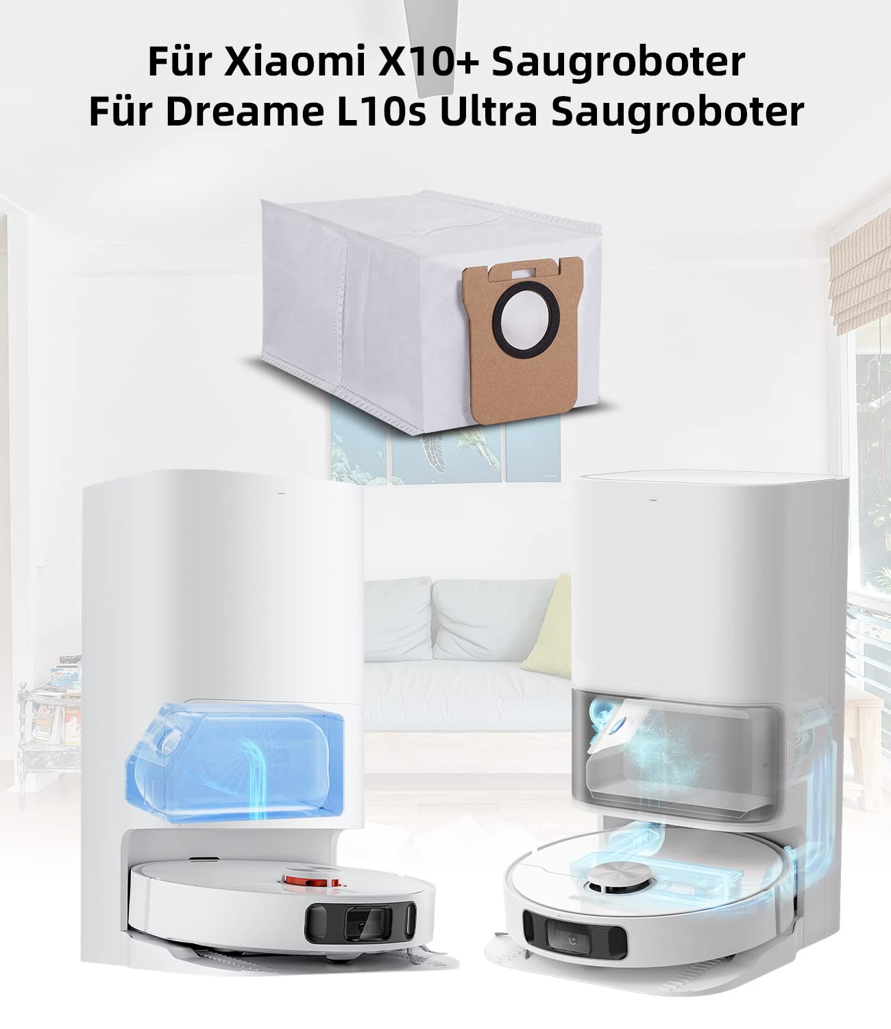 Beutel und Ladestationen für Roboterstaubsauger, mit deutschem Text.