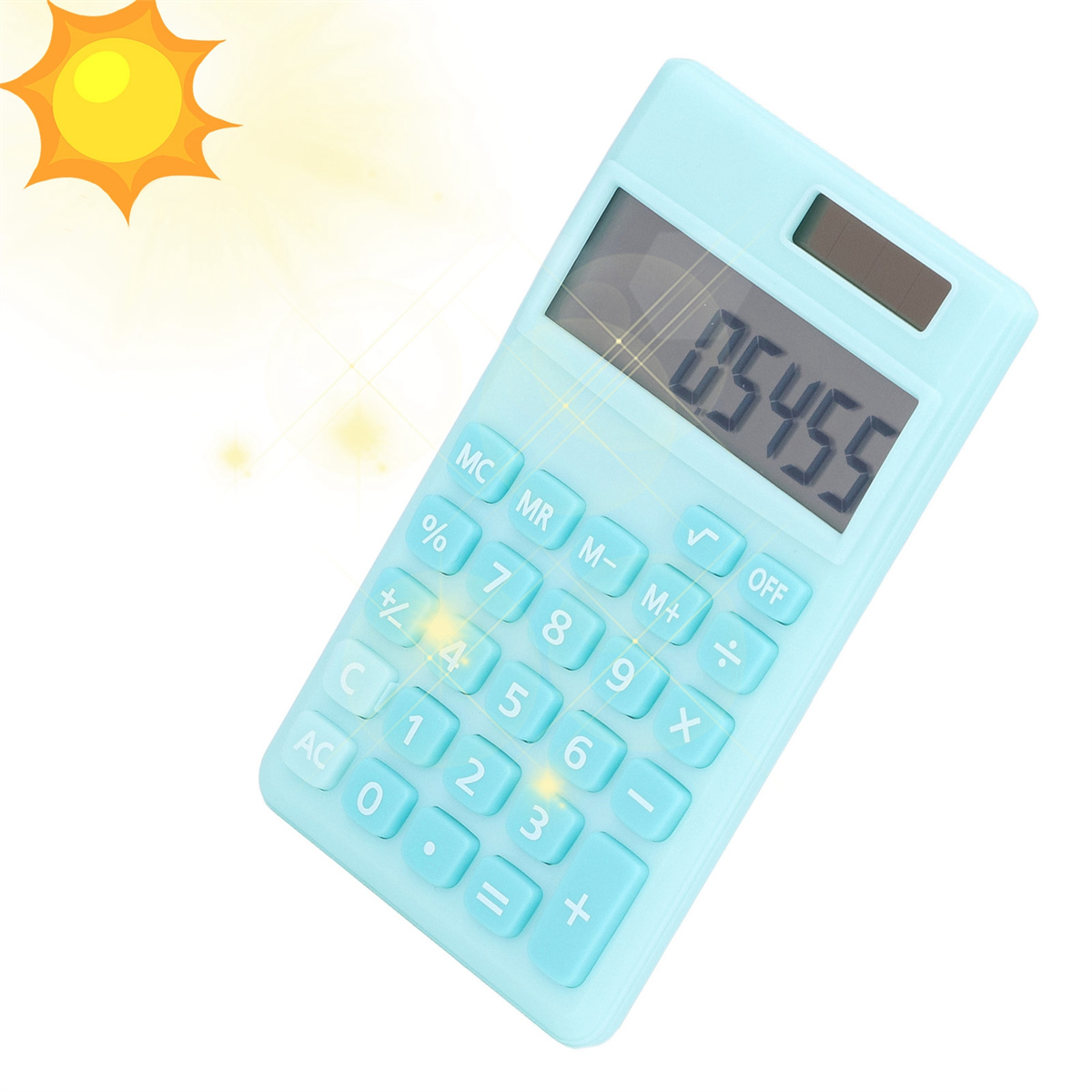 Ein hellblauer Taschenrechner mit angezeigten Zahlen, unter einer hellen Sonne.