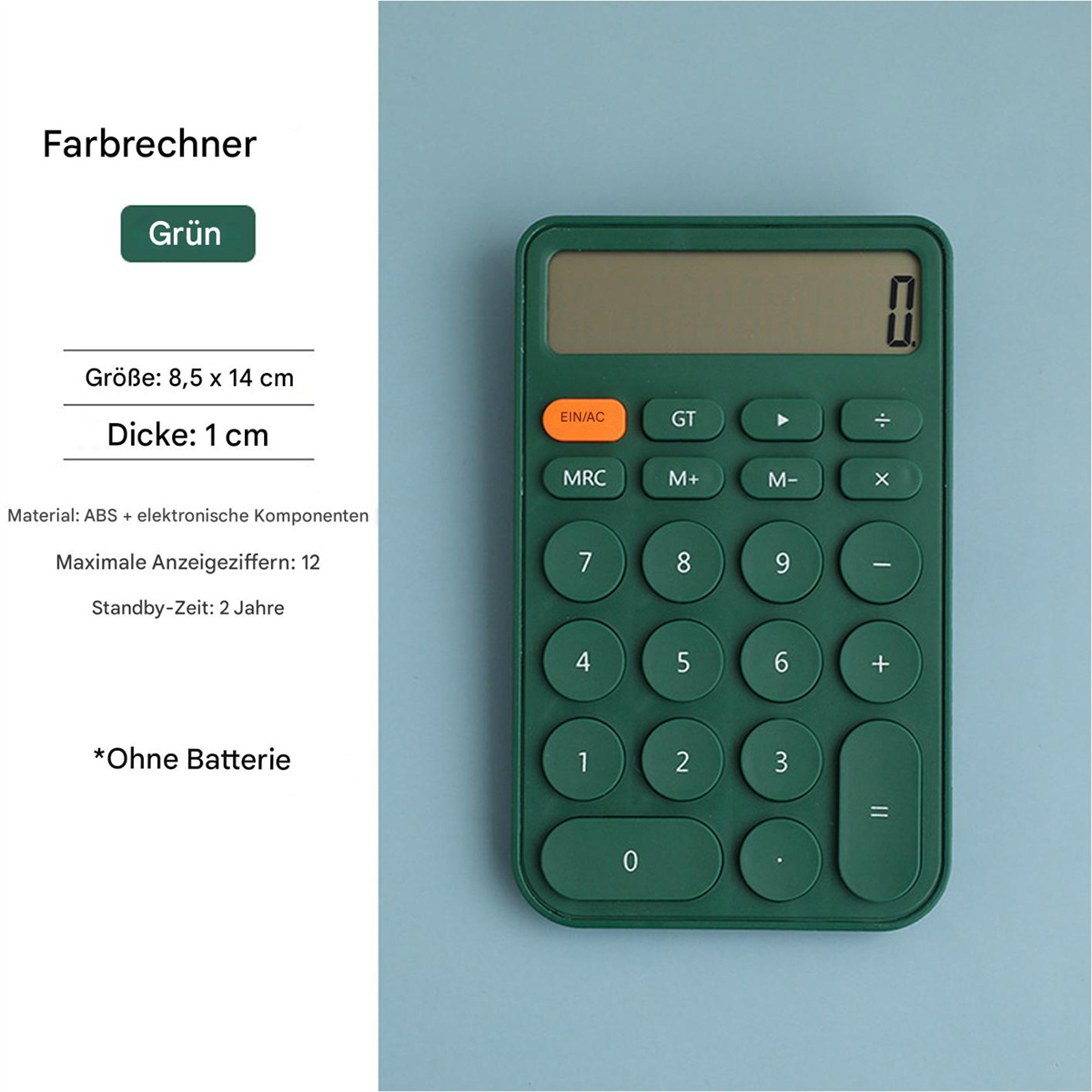 Grüner Taschenrechner mit Digitalanzeige. Textetiketten auf Deutsch. Der Rechner hat Tasten und eine schwarze Null.