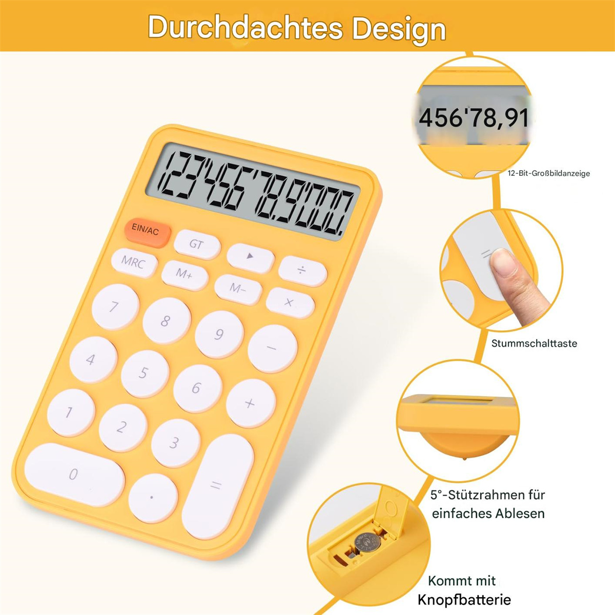Gelber Taschenrechner mit großen Tasten und digitaler Anzeige, mit Anmerkungen, die Funktionen zeigen.