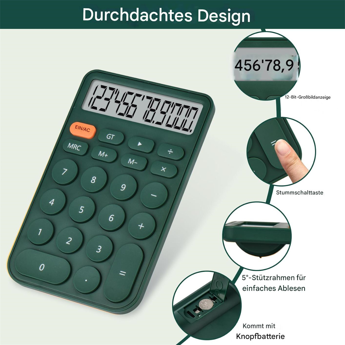 Grüner Taschenrechner mit Nahaufnahmen. Zeigt Zahlen und Funktionen.