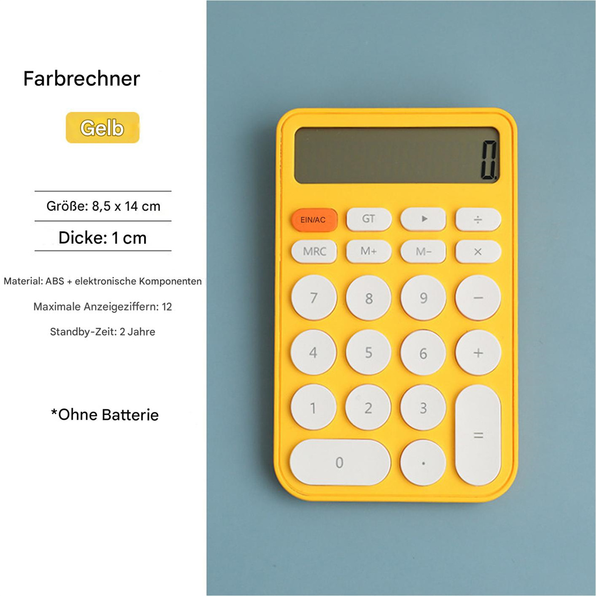 Gelber Taschenrechner mit weißen Knöpfen und schwarzem Bildschirm. Text auf Deutsch links.