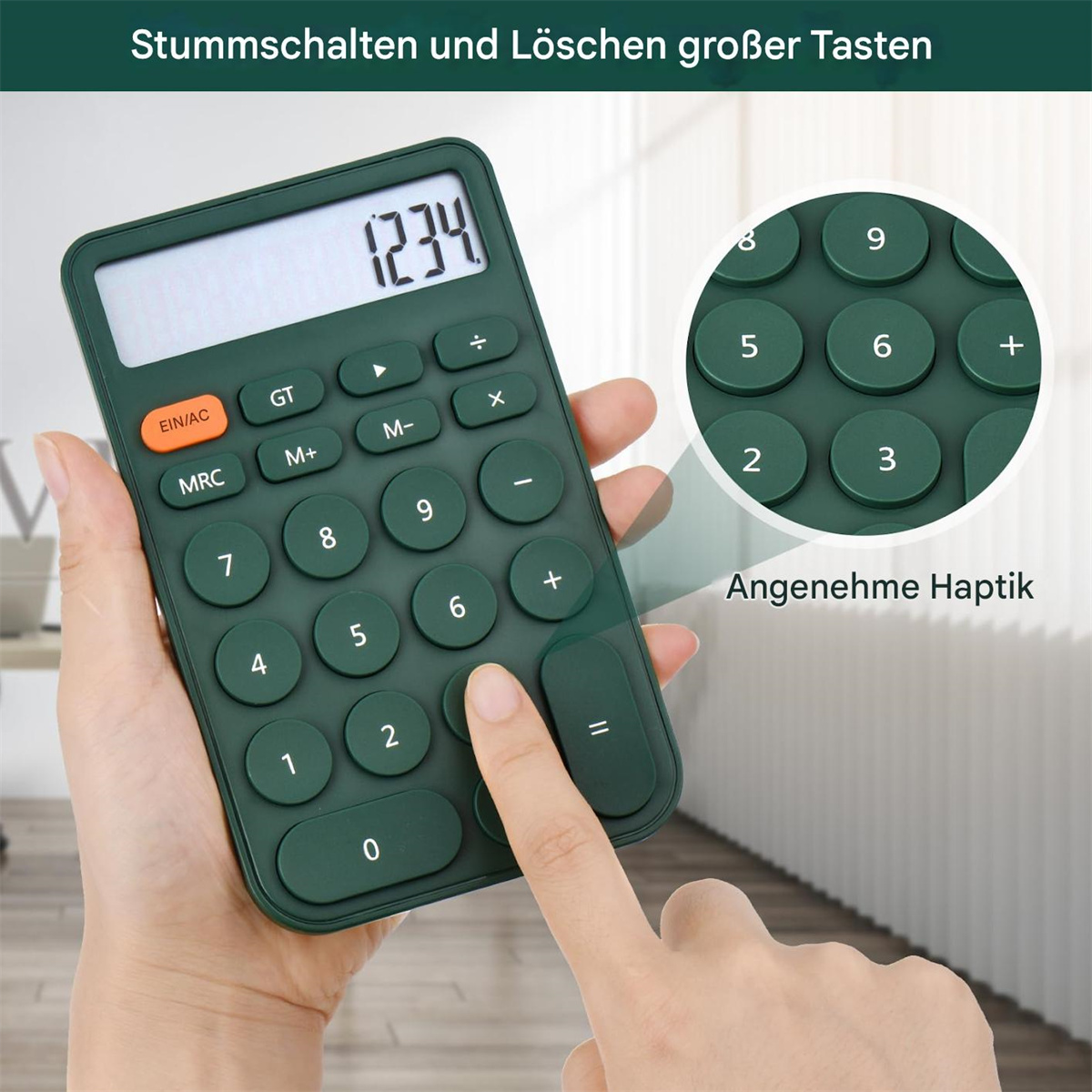 Ein grüner Taschenrechner mit großen Tasten, Nahaufnahme der nummerierten Tasten wird angezeigt.