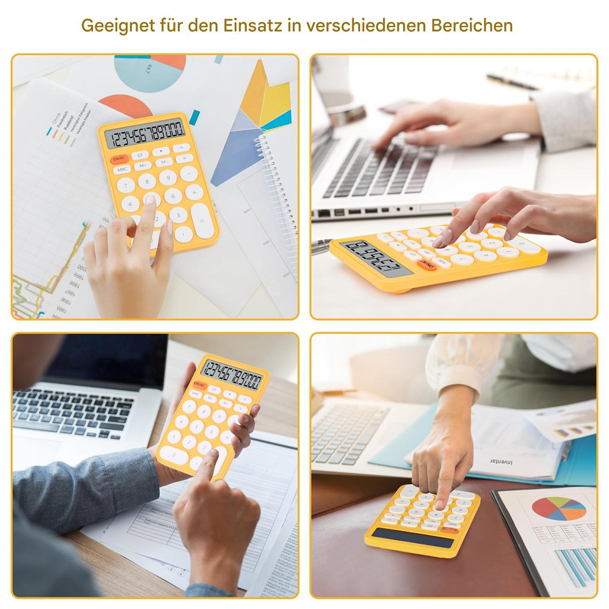 Eine Collage von Personen, die einen gelben Taschenrechner in verschiedenen Umgebungen verwenden, auf einem Tisch und mit einem Laptop.