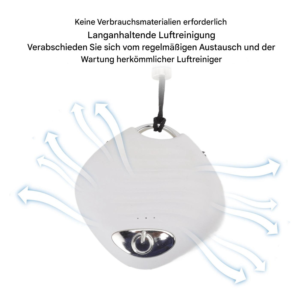 Weißer Luftreiniger mit Pfeilen, Text und schwarzem Kabel.