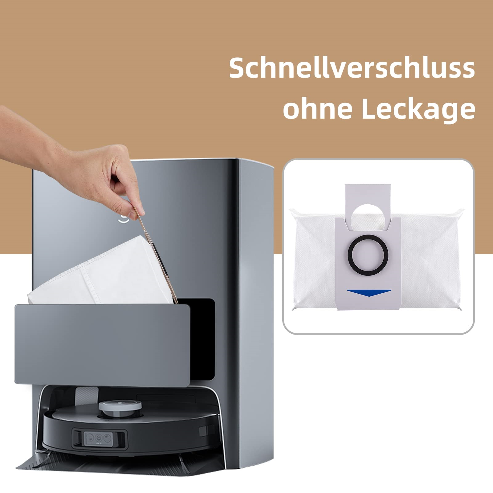 Hand legt einen weißen Filterbeutel in einen Roboter-Staubsauger. Der Beutel befindet sich in einem separaten Behälter.