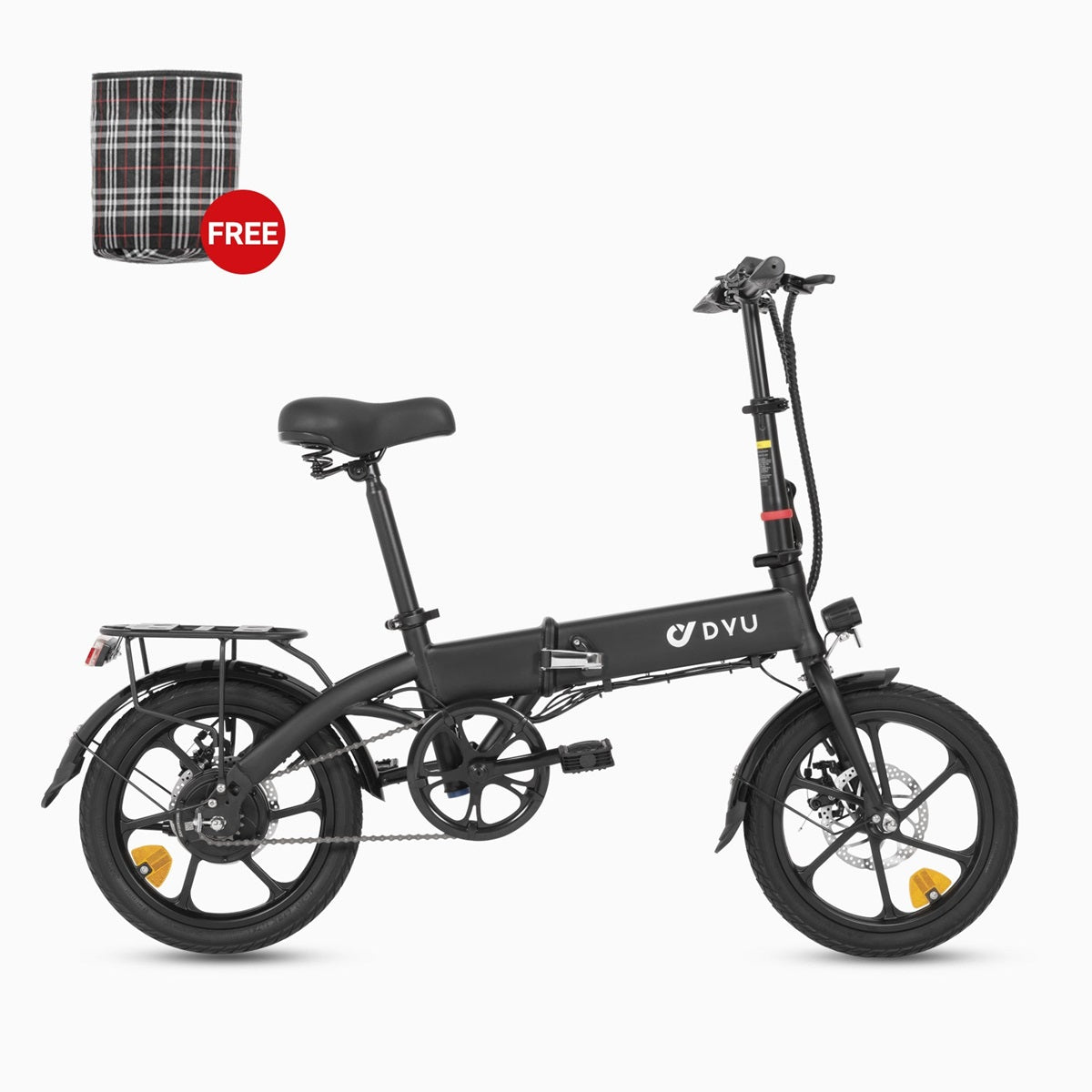 Bicicletta pieghevole nera con un cerchio rosso con la scritta "GRATIS".