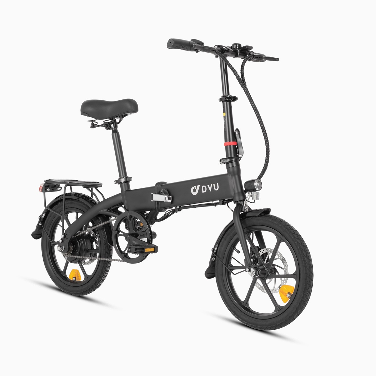 Una bici elettrica pieghevole DYU nera su sfondo bianco. Ha un design compatto con ingranaggi e motore visibili.
