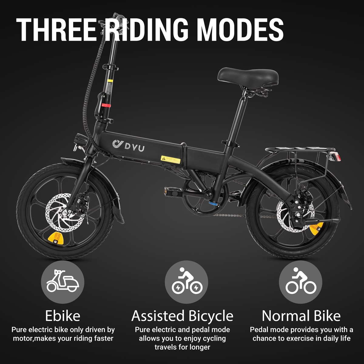 Bicicletta elettrica nera con tre modalità: Ebike, bicicletta assistita e bicicletta normale.