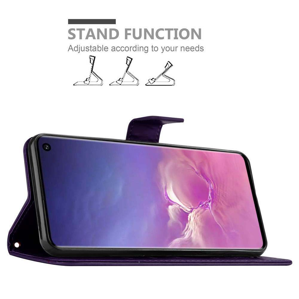 Custodia per telefono con funzione stand. Il telefono è nella custodia, interno viola, esterno nero, e testo.