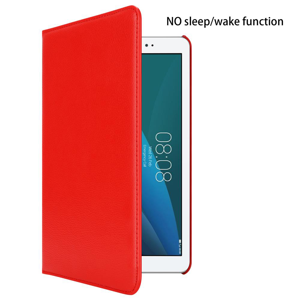 Funda roja de tableta con tableta. Fondo: superficie blanca.