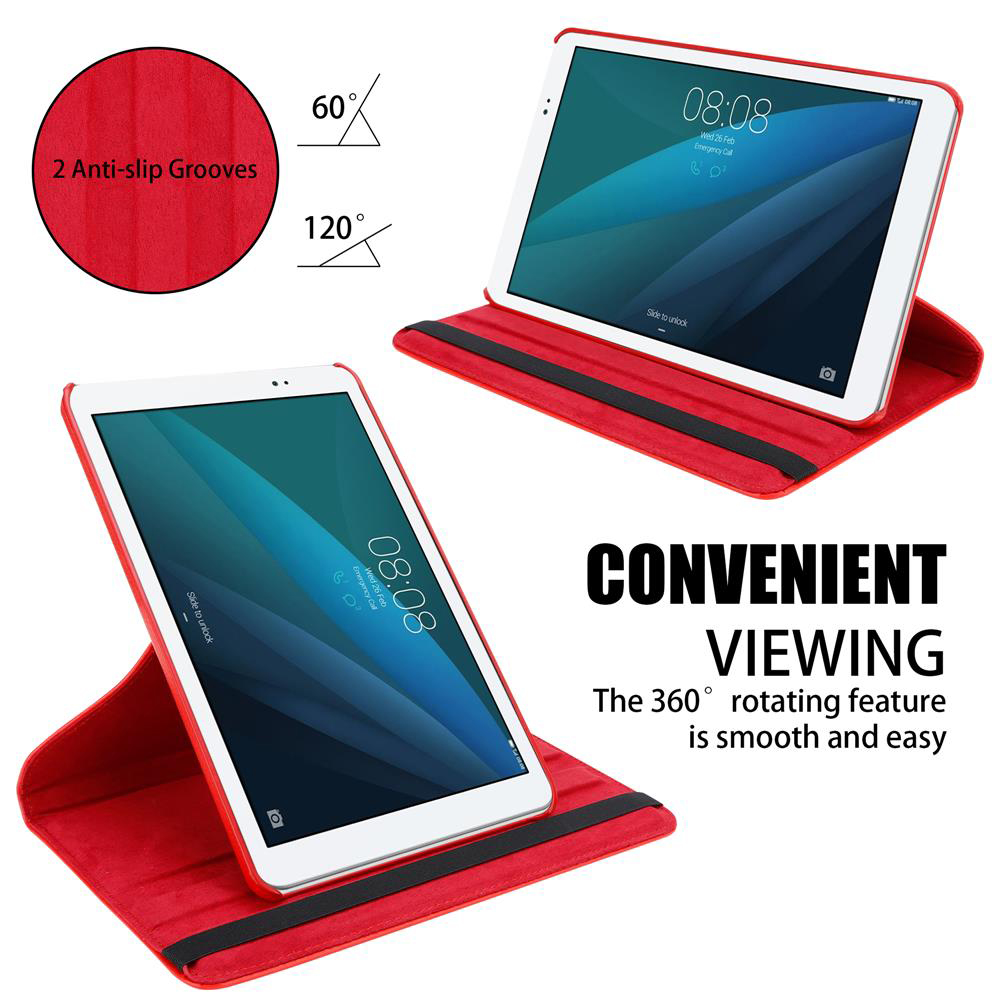 Una funda roja para tableta. Permite una rotación de 360 grados. La tableta es blanca.