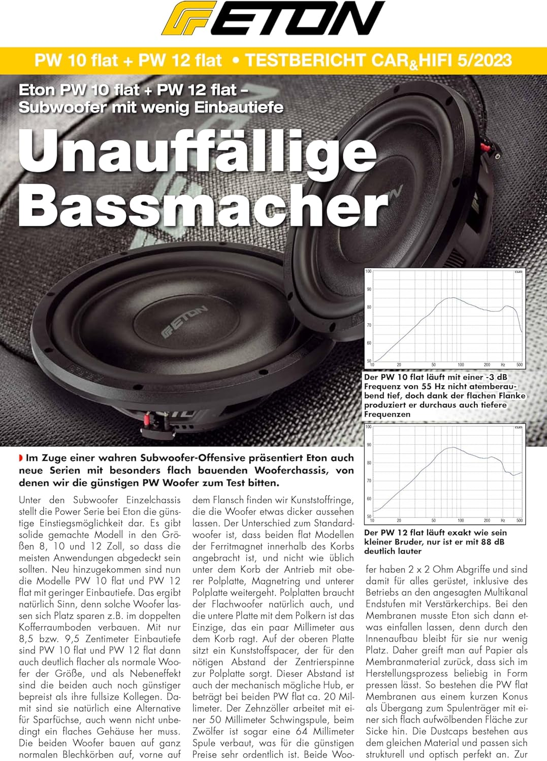 Eine Zeitschriftenseite mit einer Subwoofer-Werbung. Text und Diagramme sind vorhanden.