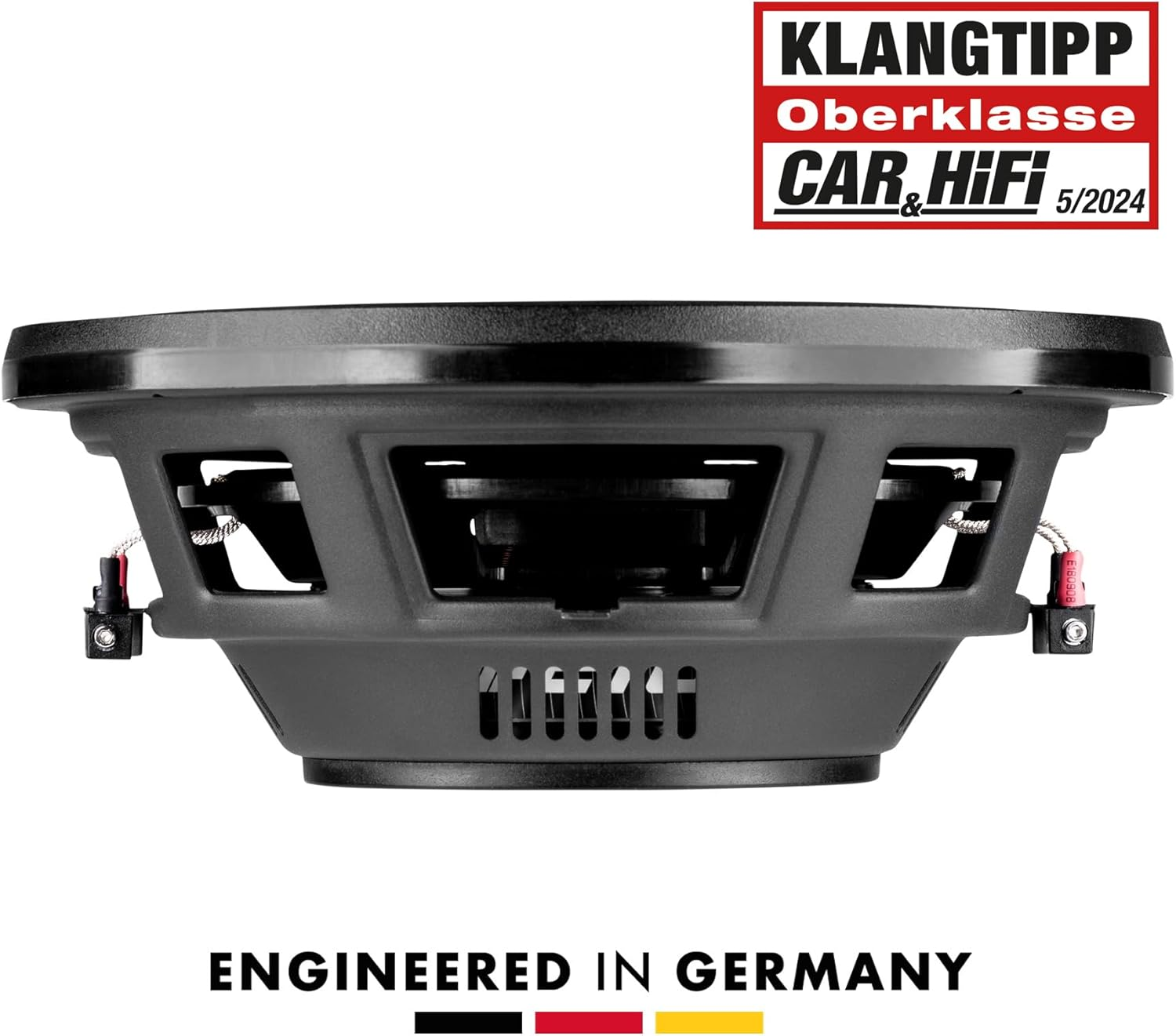 Schwarzer Subwoofer mit Gitter und deutschem Text auf weißem Hintergrund.