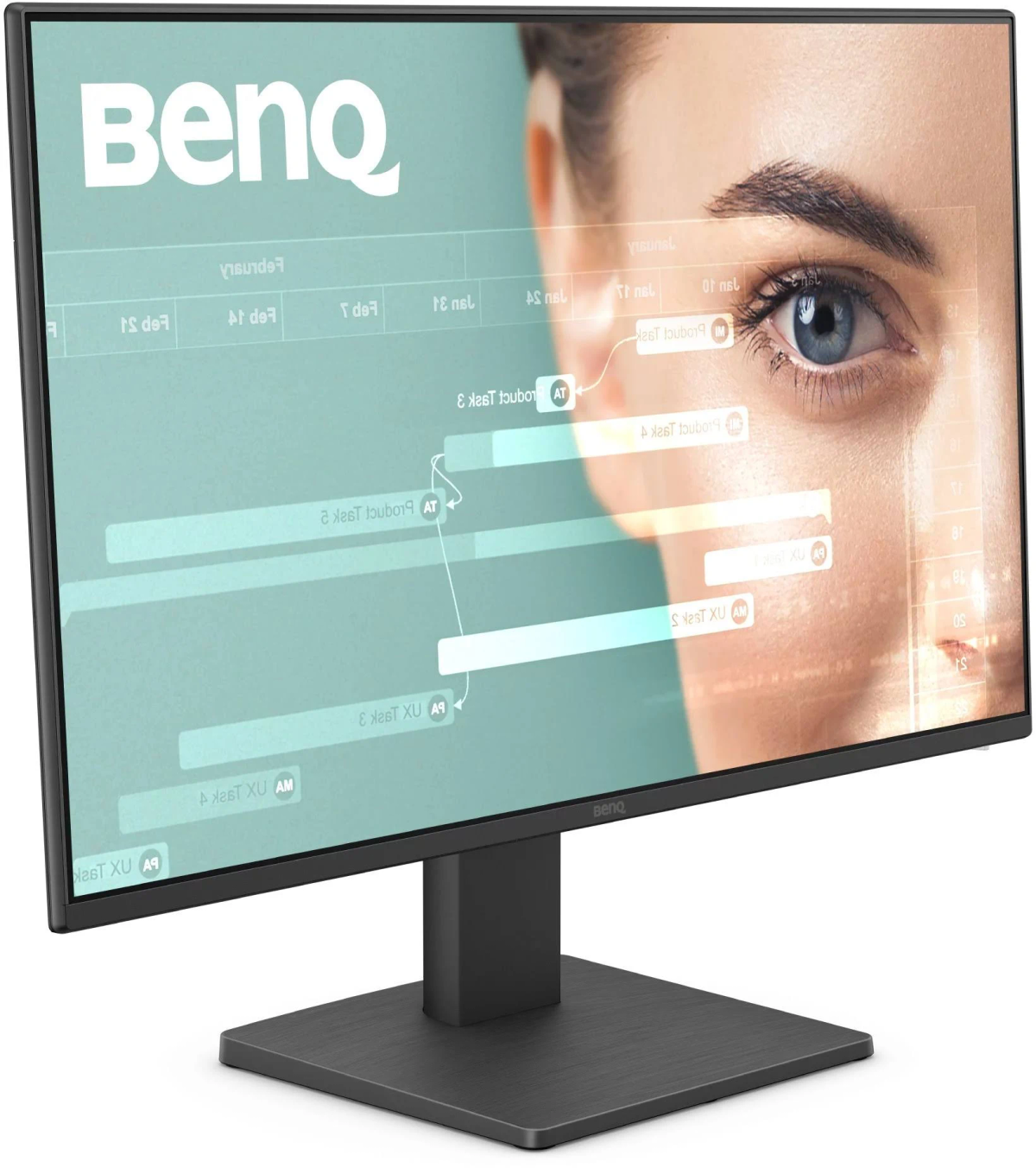 Monitor BenQ pokazuje twarz kobiety na osi czasu projektu, na zielonym tle.