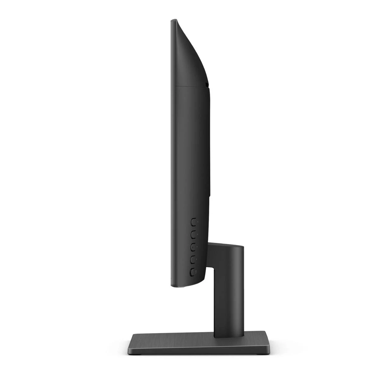 Czarny monitor komputera, widok z boku, z przyciskami z boku i prostokątną podstawą.