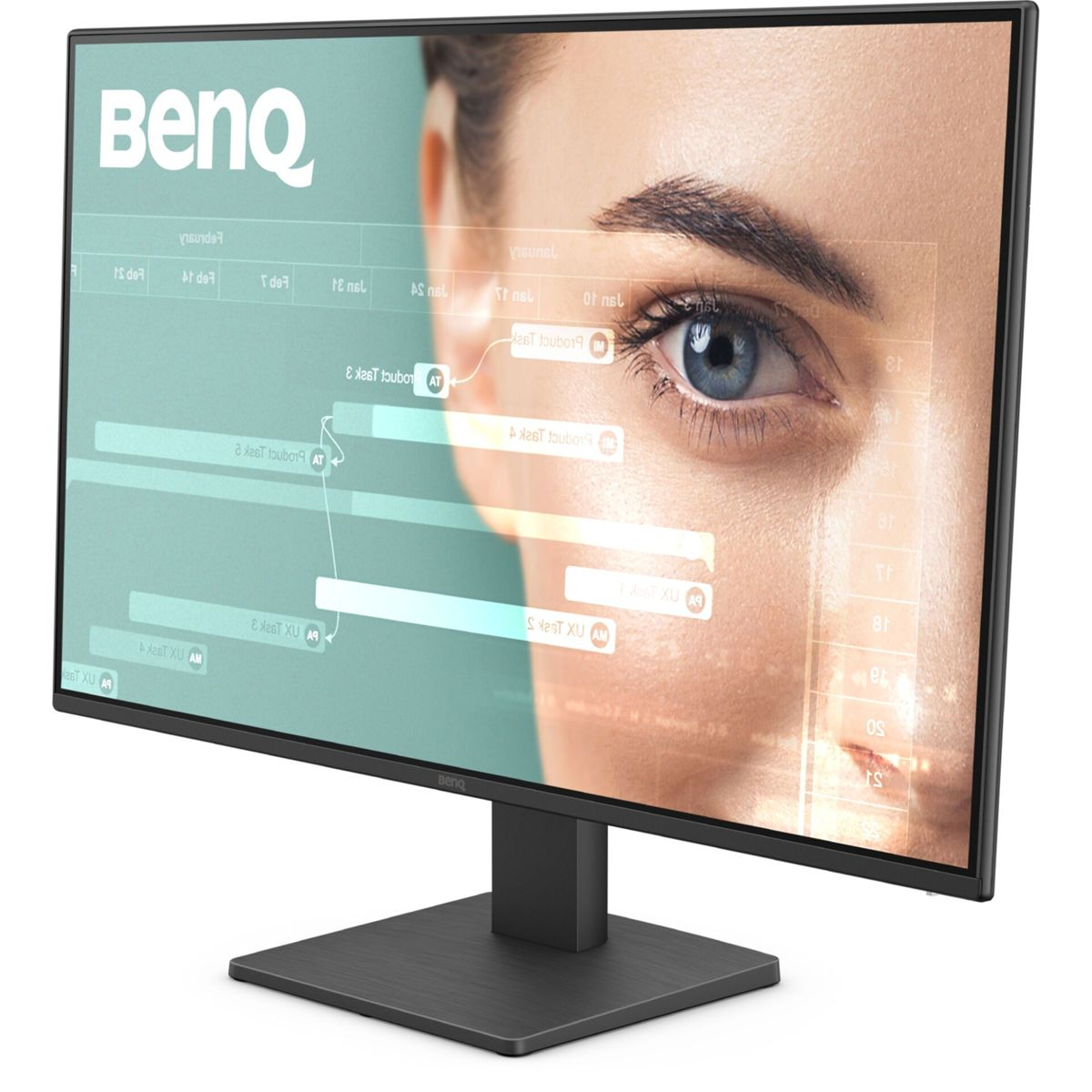 Monitor BenQ wyświetlający oko kobiety z nakładką danych. Monitor czarny z czarną podstawą.
