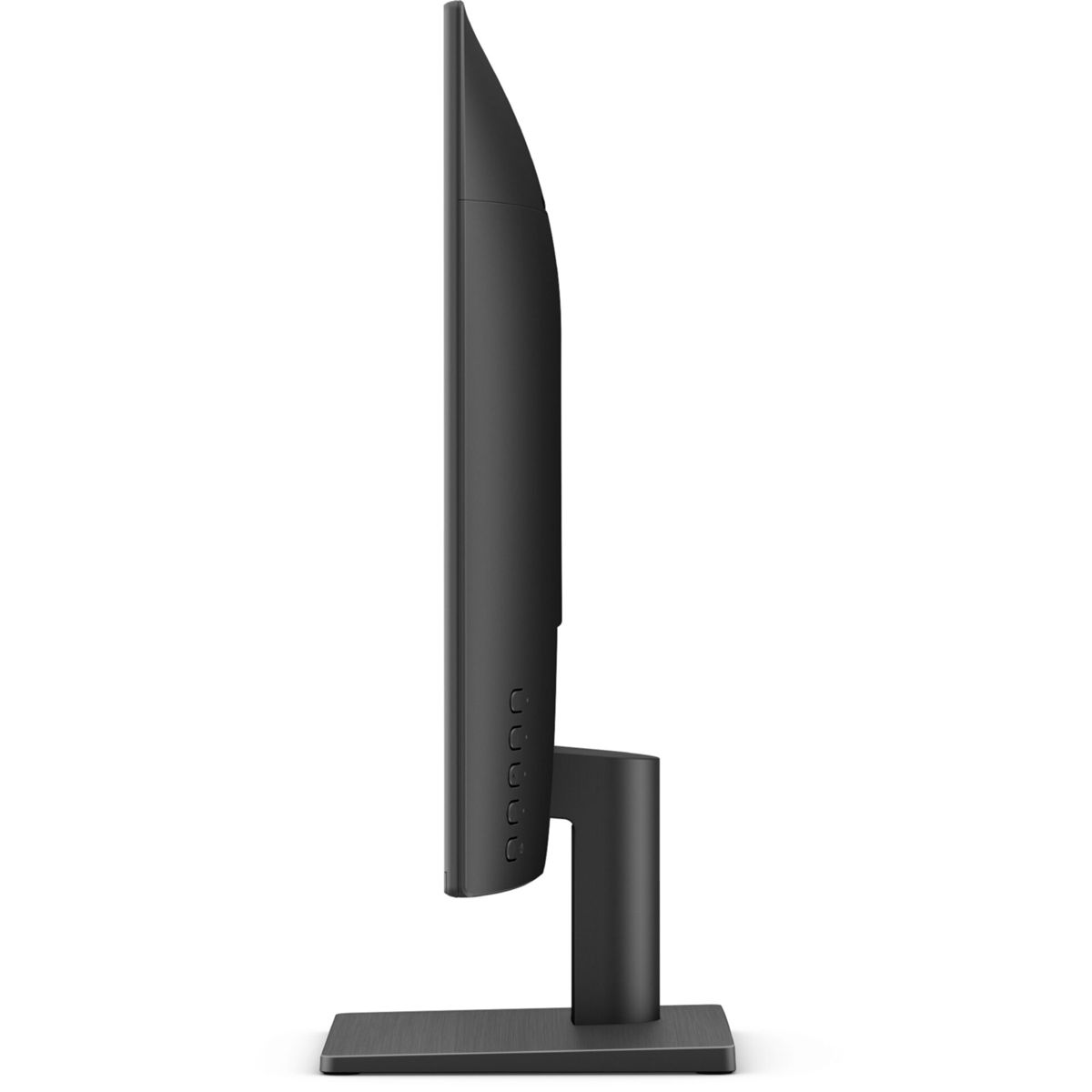 Czarny monitor komputera widziany z boku, pokazujący cienki profil i podstawę, na białym tle.