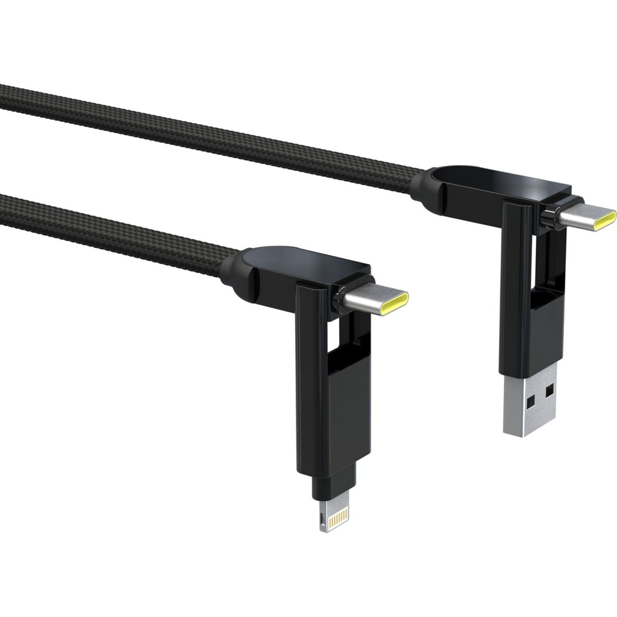 Câble USB noir avec connecteurs Lightning et USB-C.