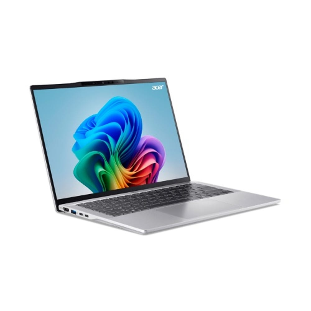 Laptop Acer argentato, aperto ad angolo su sfondo bianco. Display mostra design astratto colorato.