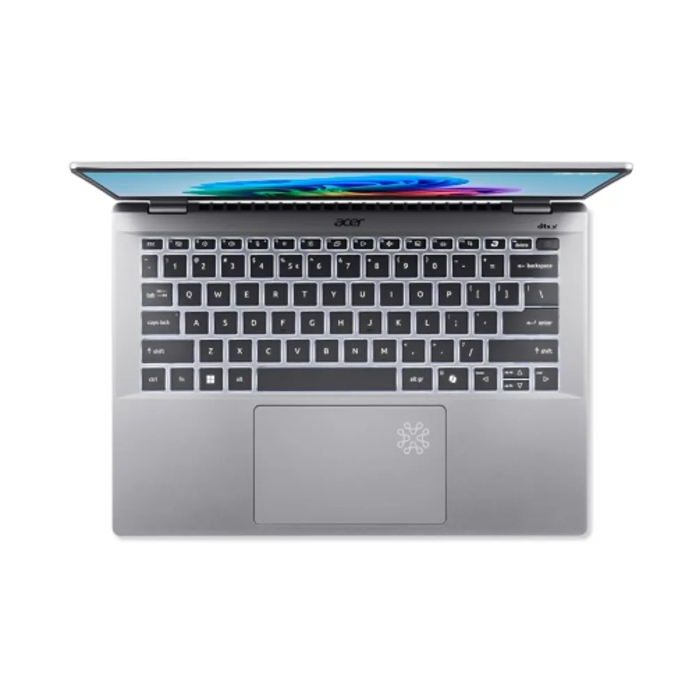 Un laptop Acer argentato è aperto, mostrando un design astratto colorato sullo schermo.