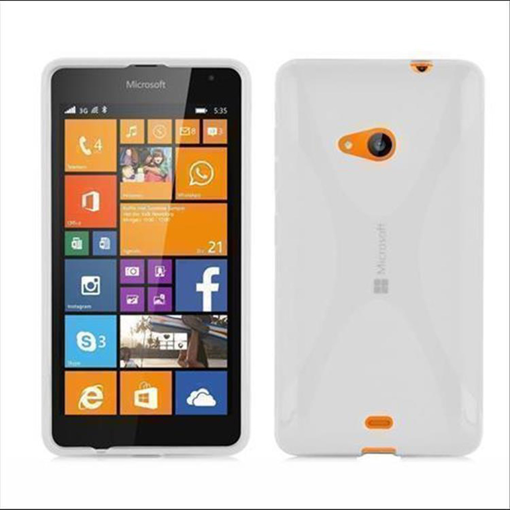 Dos vistas de un teléfono Microsoft blanco y naranja. El teléfono muestra aplicaciones en la pantalla.