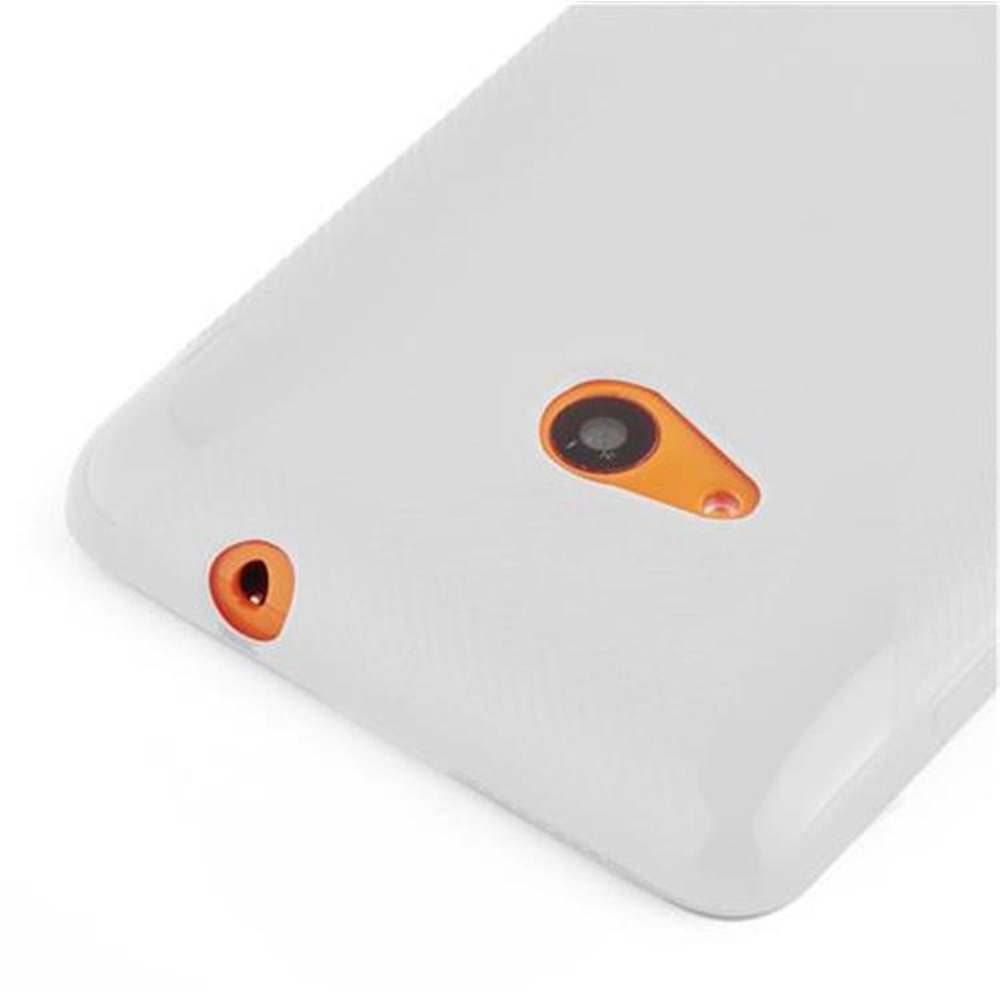 Una funda blanca para teléfono con detalles en naranja. Se ven recortes para la cámara y el conector.