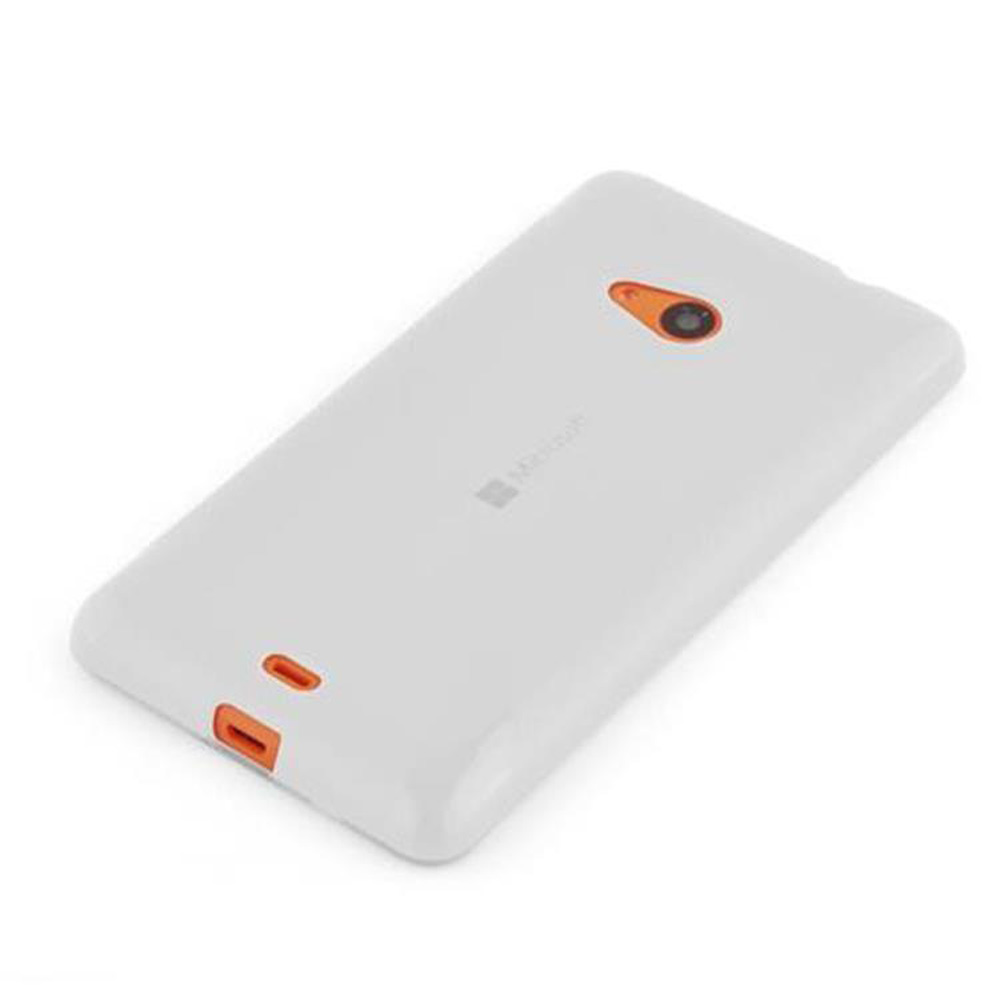 Un teléfono blanco con cámara naranja y detalles naranjas se muestra sobre un fondo blanco.